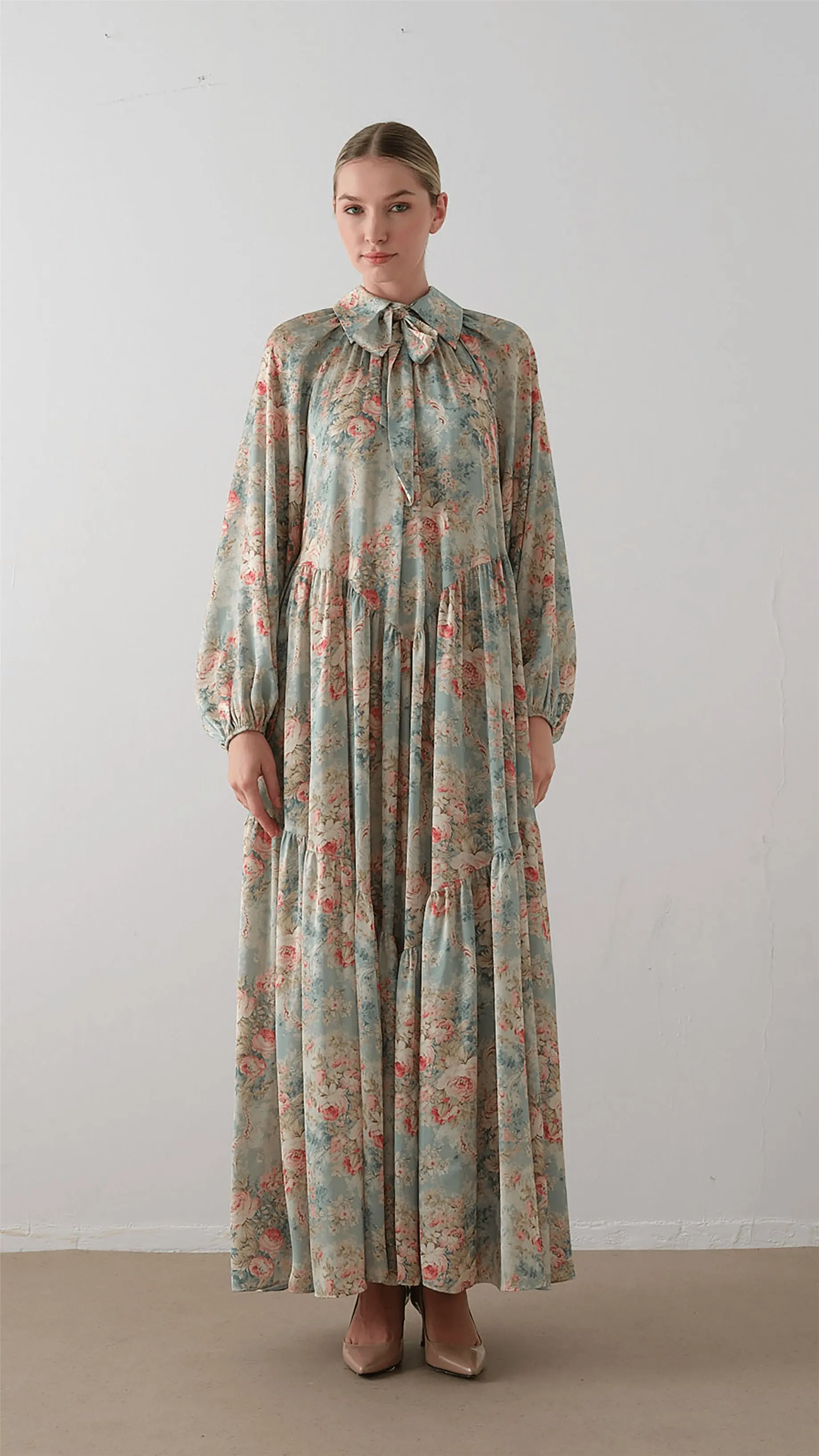 Bow Neck Chiffon Satin Dress – Green