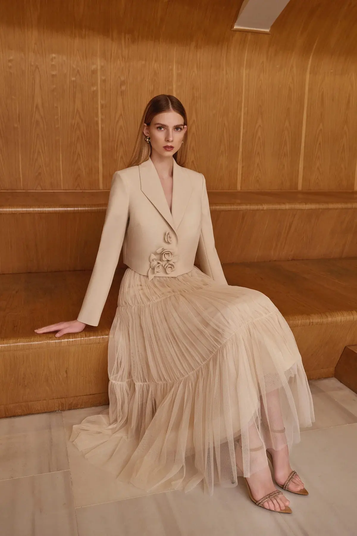Pleated Tulle Skirt with Gathered Detail – Beige