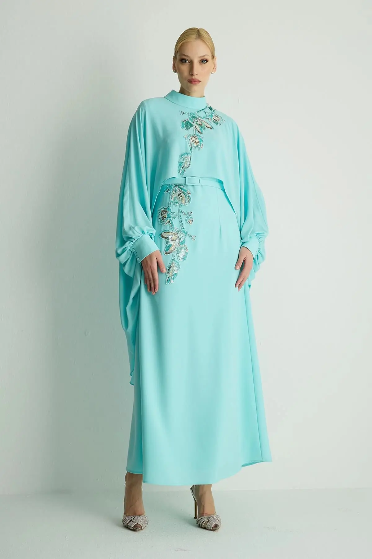 Petunia Embellished Cape Dress – Aqua, photo 6