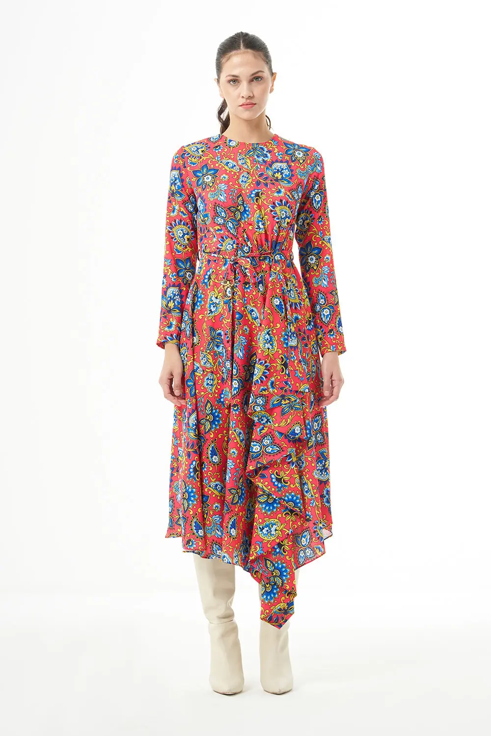 Mizalle Long Sleeve High Neck Midi Dress