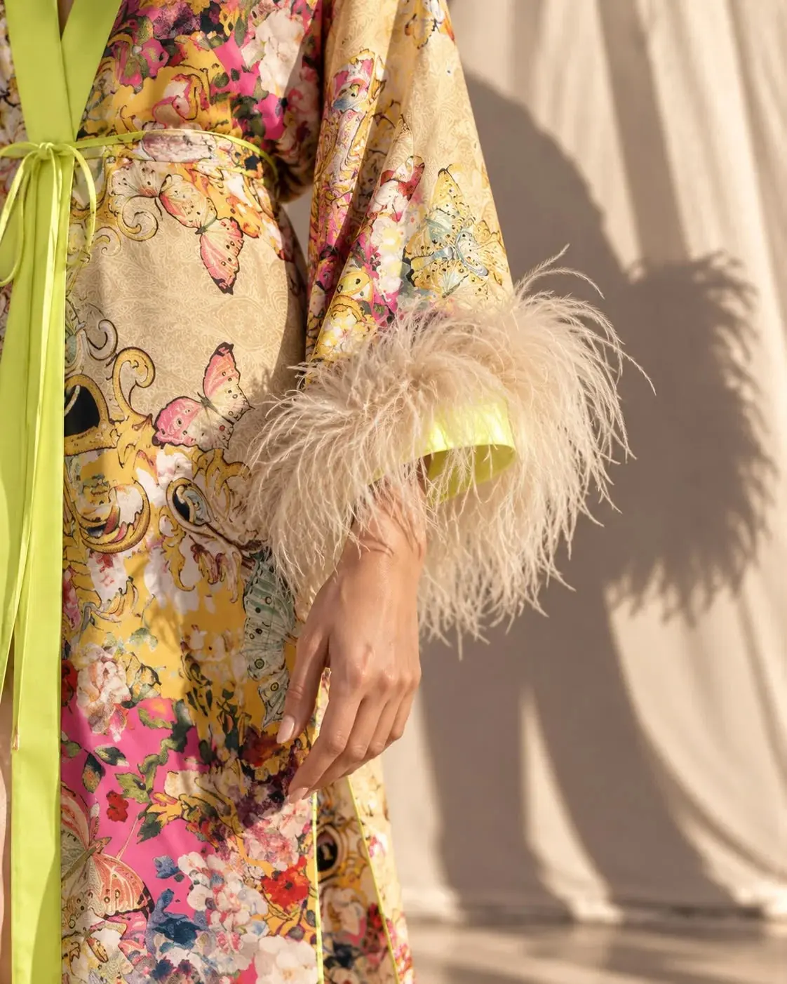 Rita Floral Kimono with Ostrich Feather Trim - Lime Green, photo 3