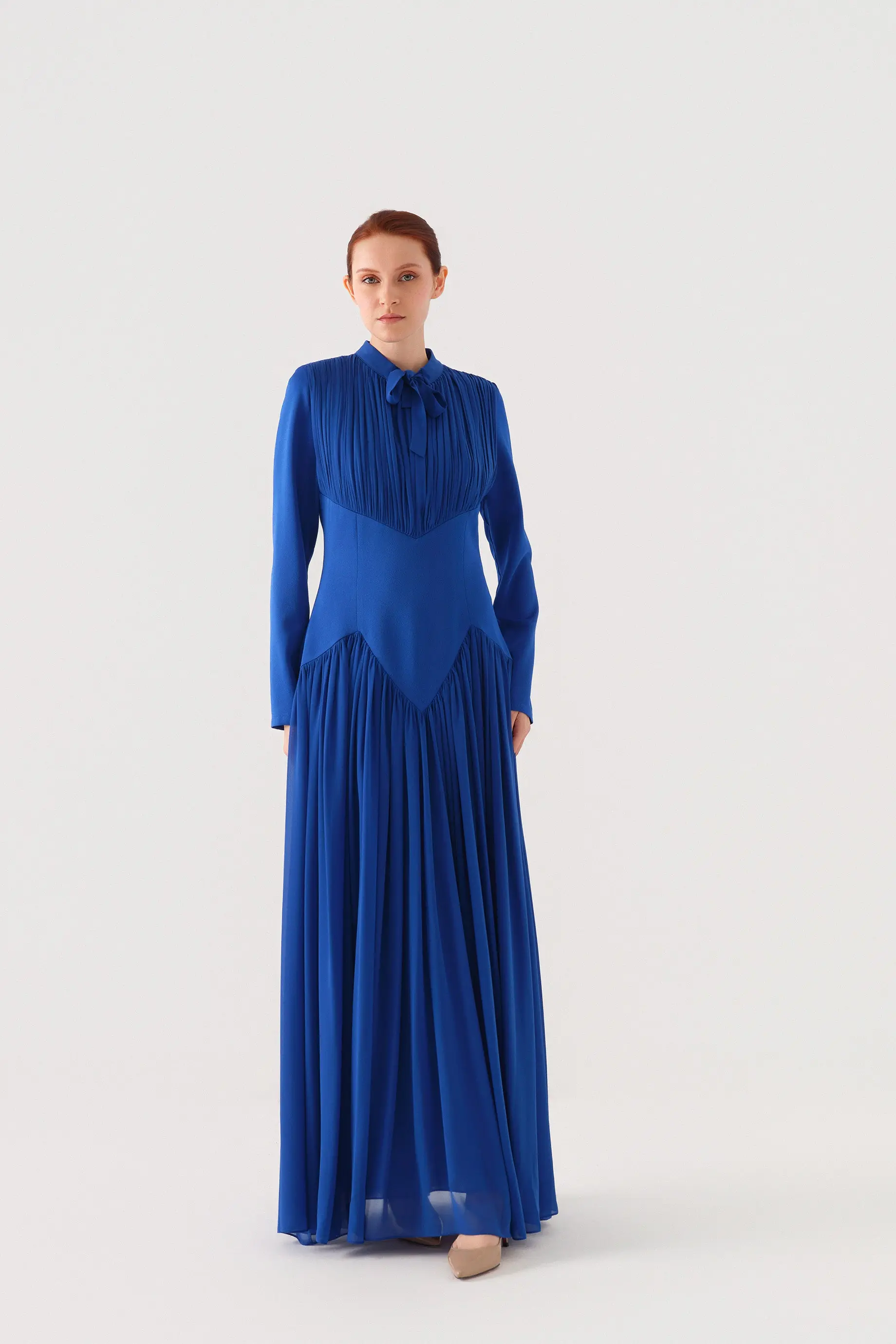 Bow-Neck Corset-Waist Crepe Maxi Dress – Royal Blue