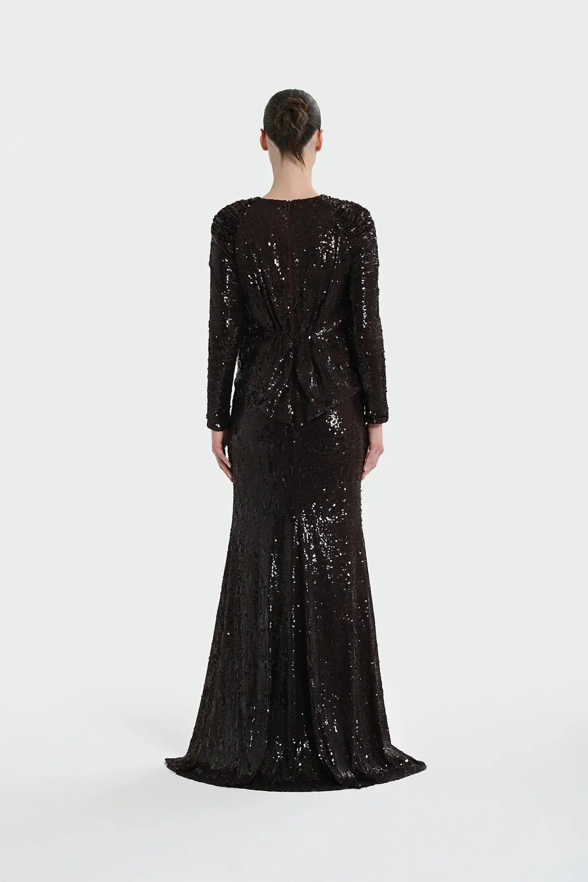 Sequin Long-Sleeve Formal Set with Draped Detail - Brown, photo 4