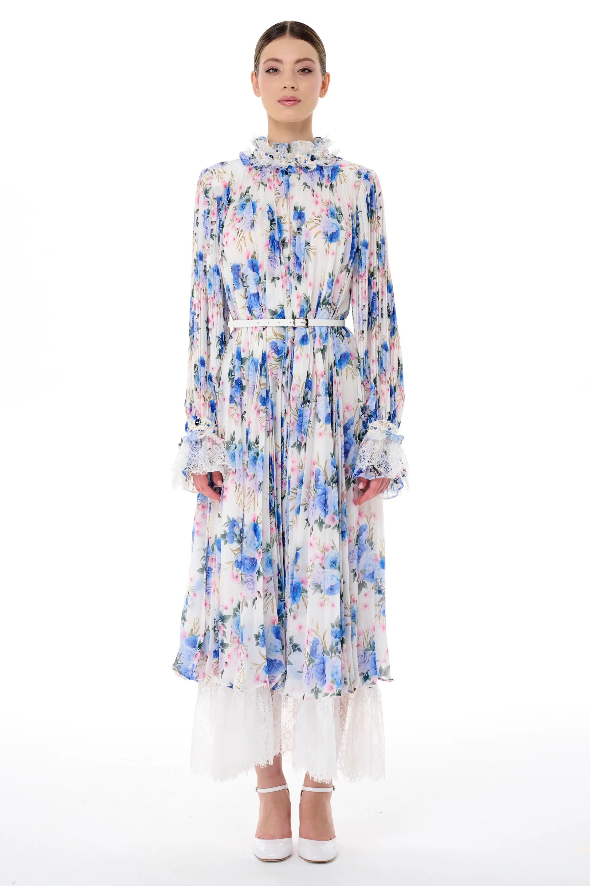 Embellished Pleated Lace Trim Dress – Saks Blue