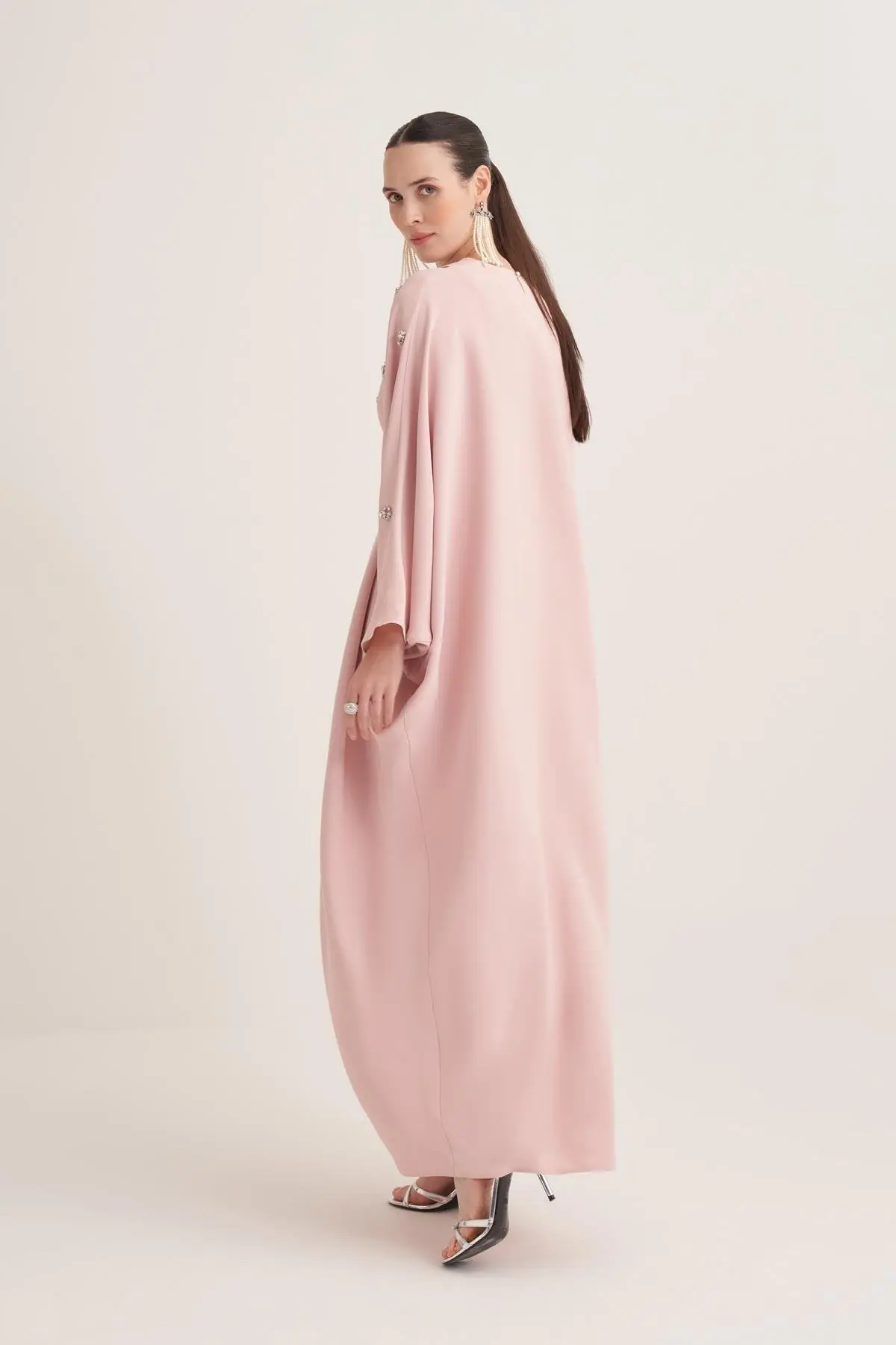 Selena Embellished Belted Evening Kaftan – Powder, photo 4