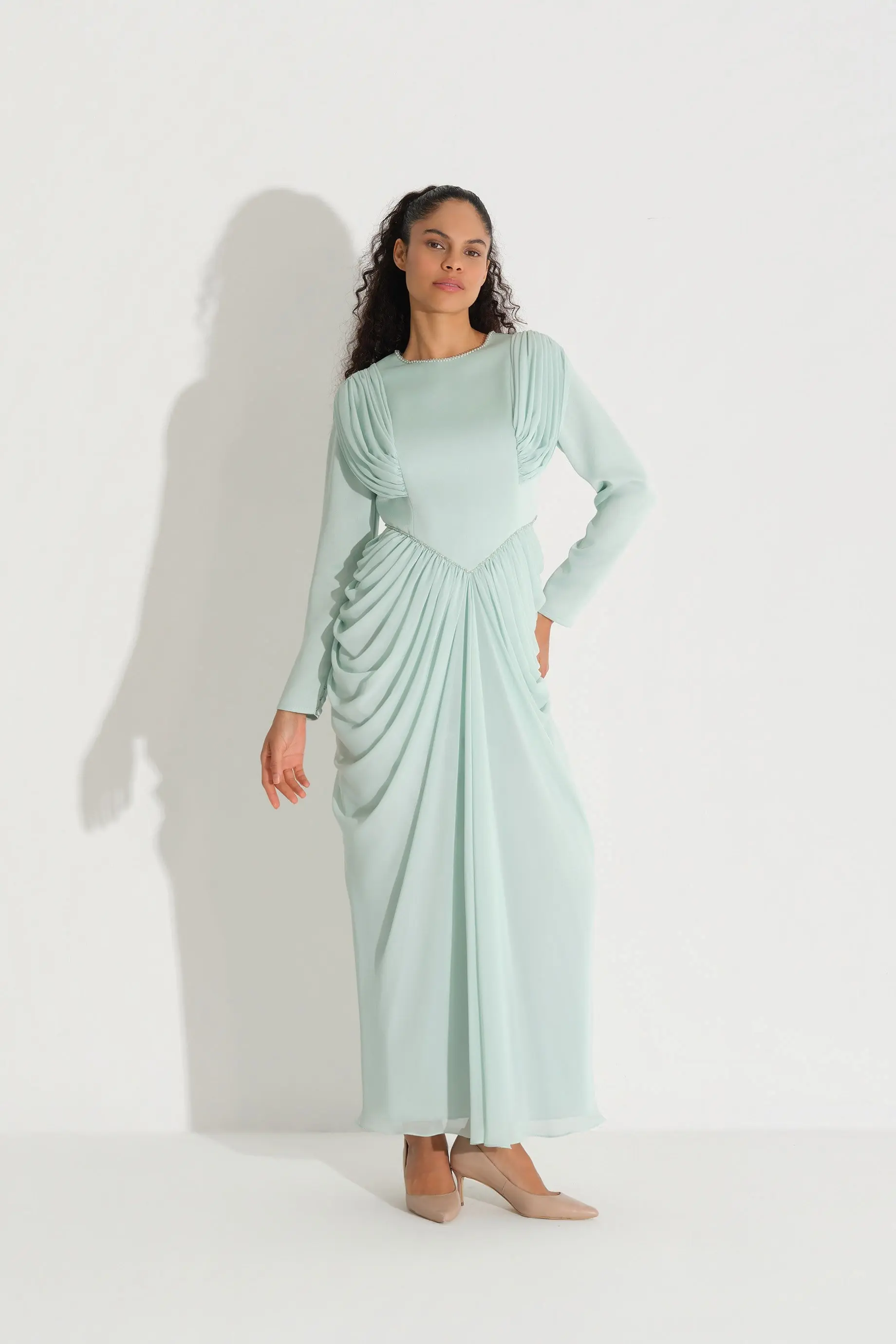Draped Shoulder & Side Chiffon Dress – Mint, photo 5