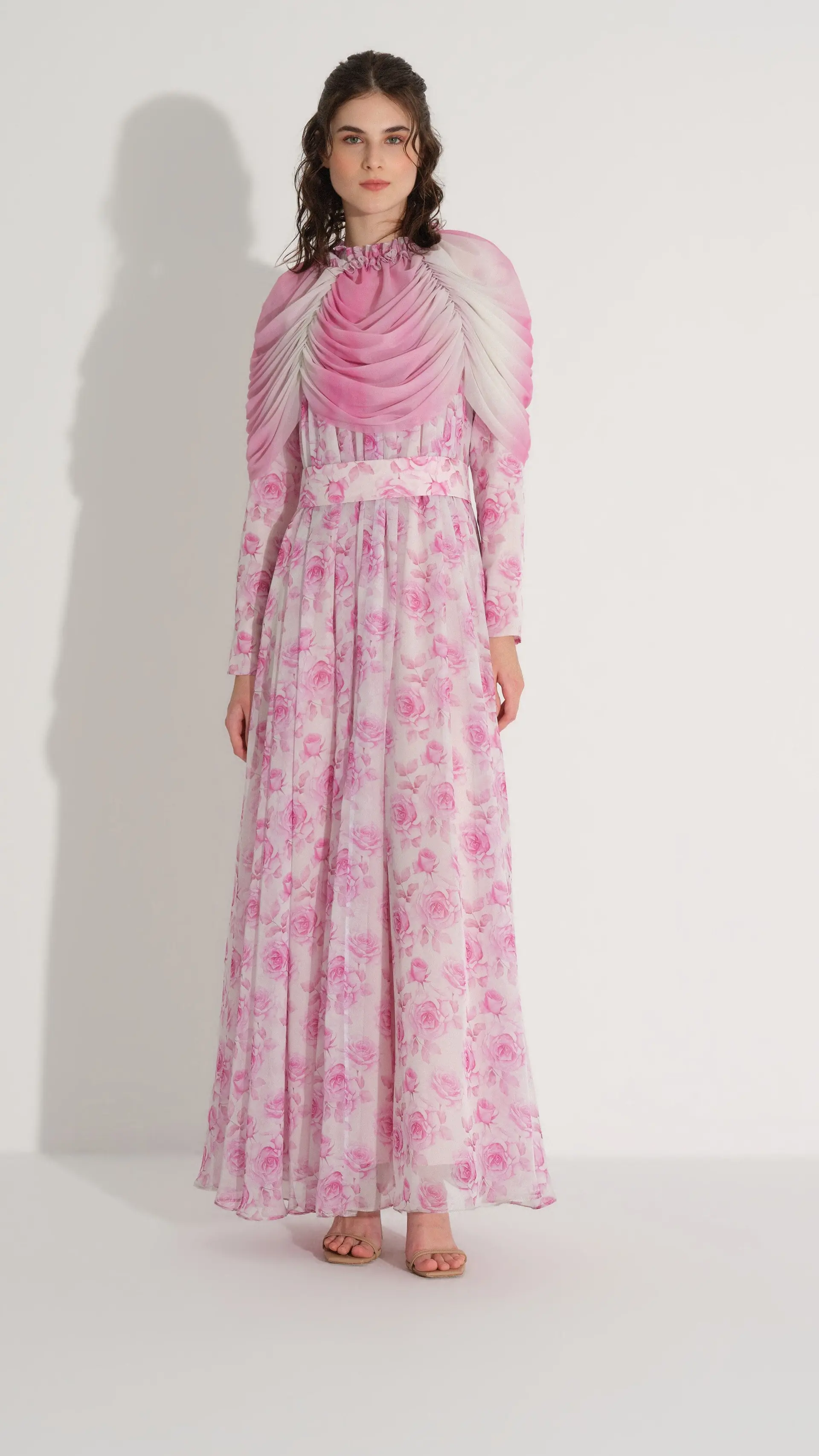 Cape Detail Silk Chiffon Dress – Pink