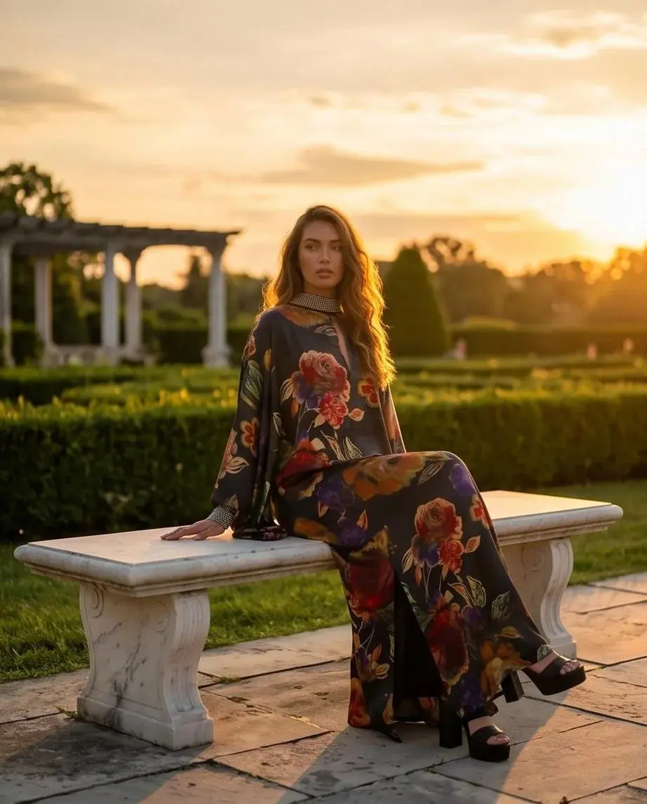 Azzurra Floral Silk Kimono Kaftan – Black, photo 2