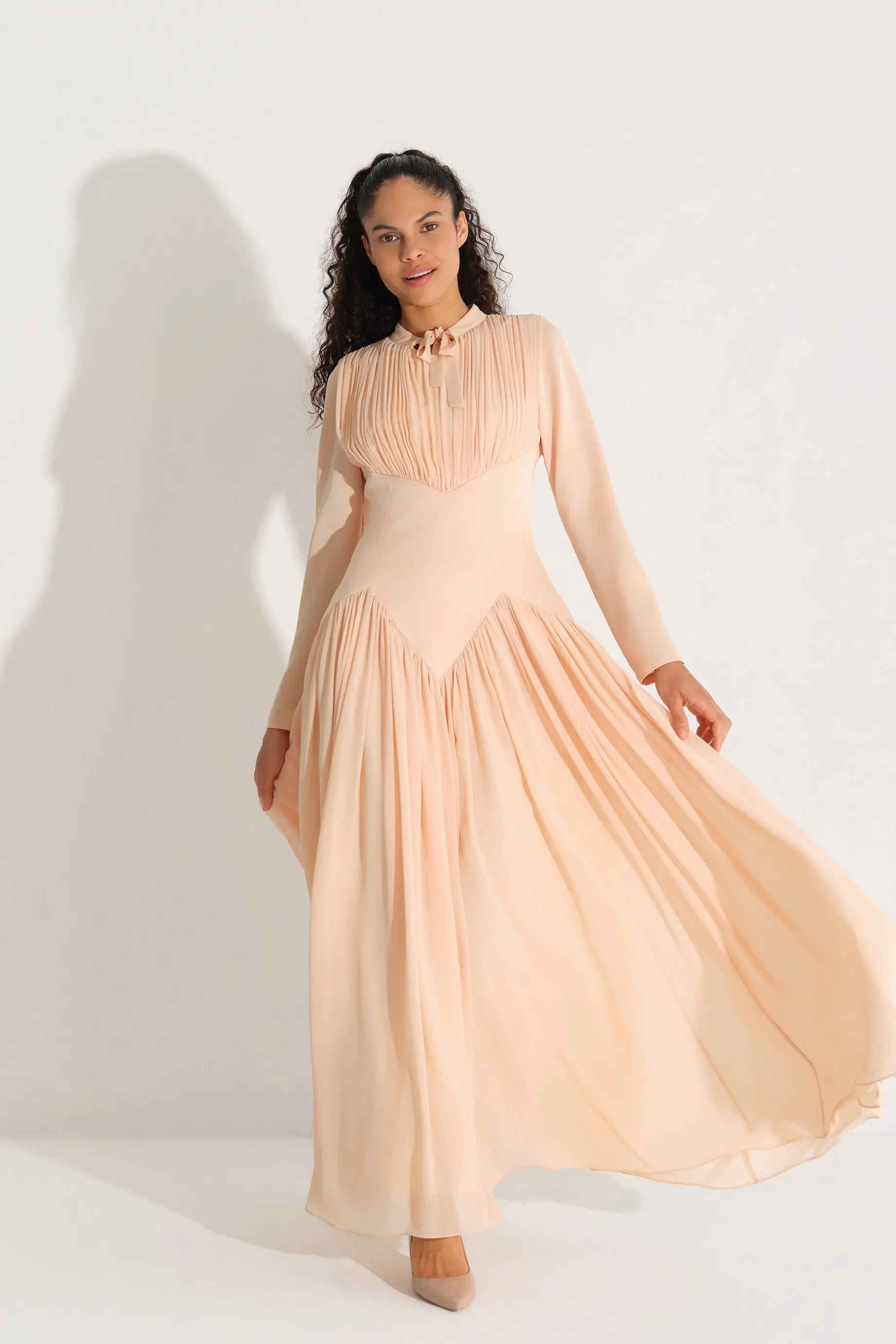 Bow-Neck Corset-Detail Chiffon Dress with Long Sleeves - Yellow, photo 2