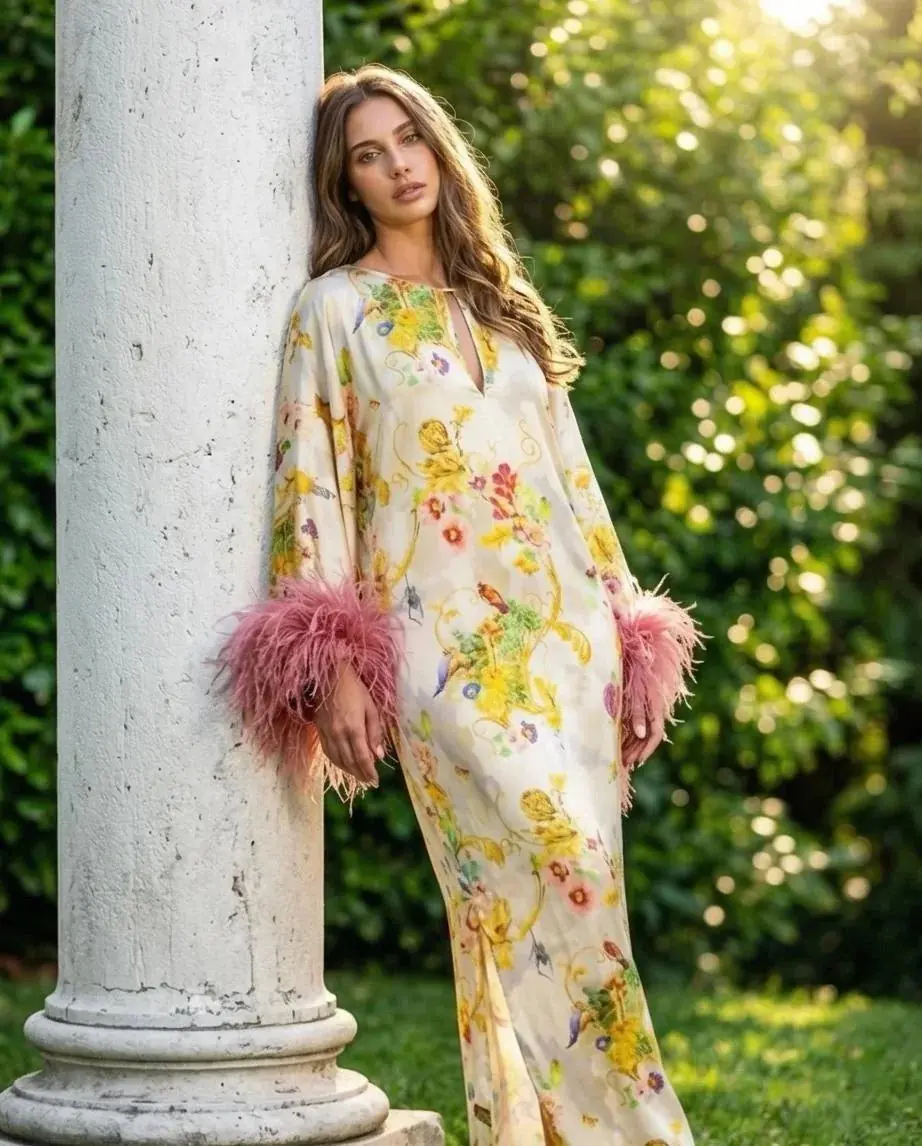 Azzurra Silk Floral & Animalier Feather Cuff Kaftan – Ivory