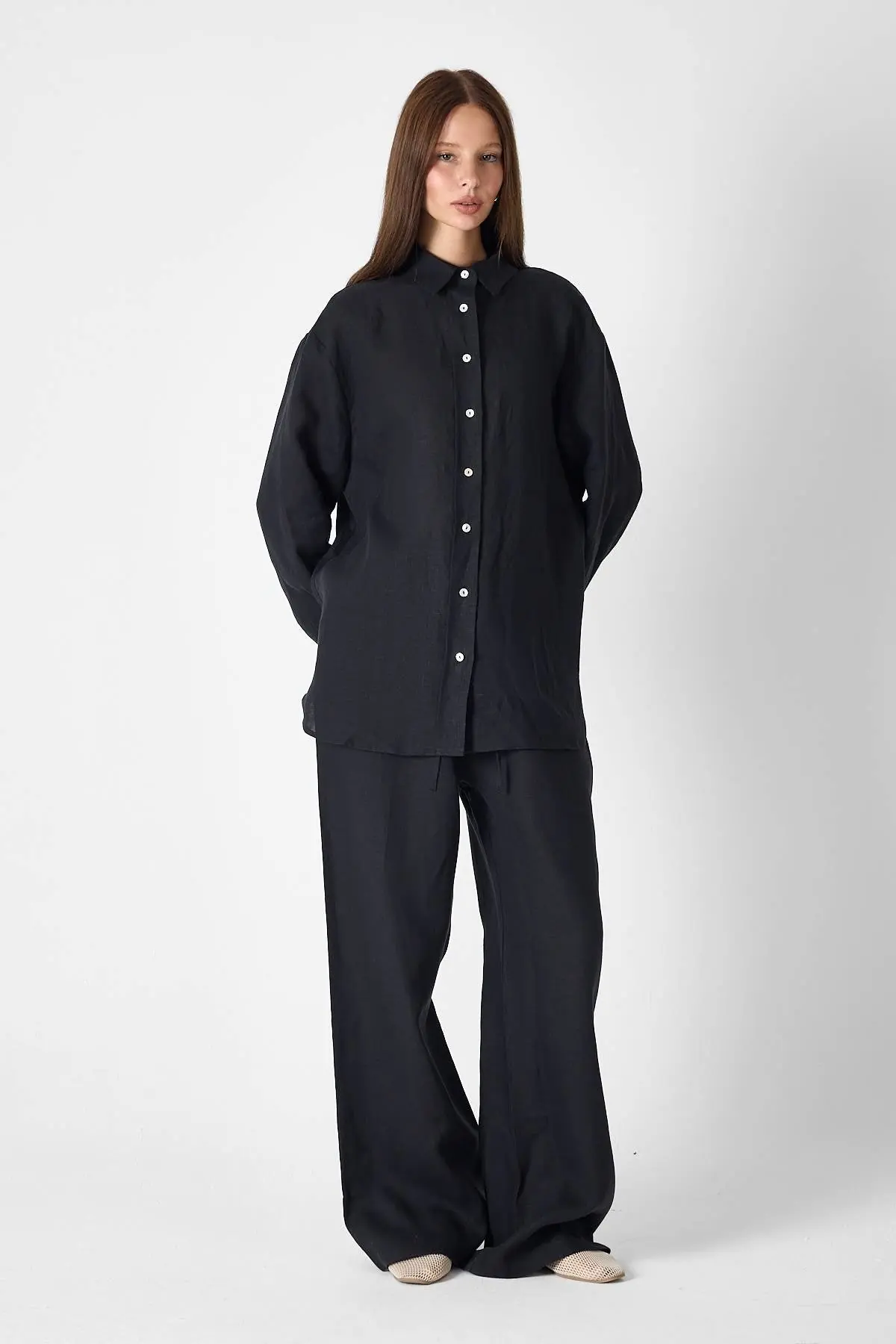 Pure Linen 100% Linen Oversize Shirt - Black