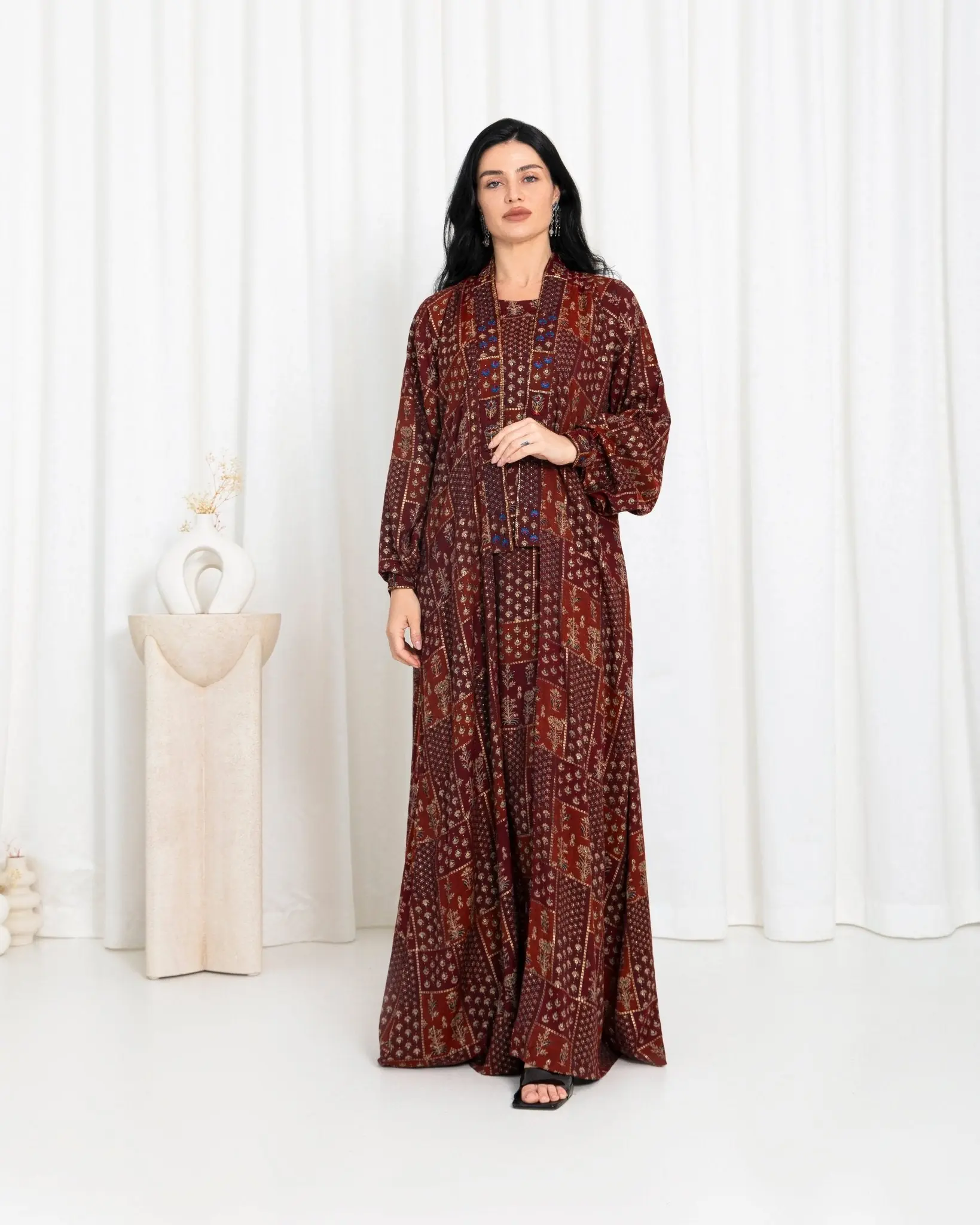 Maroon Floral Check Kimono Abaya, photo 3
