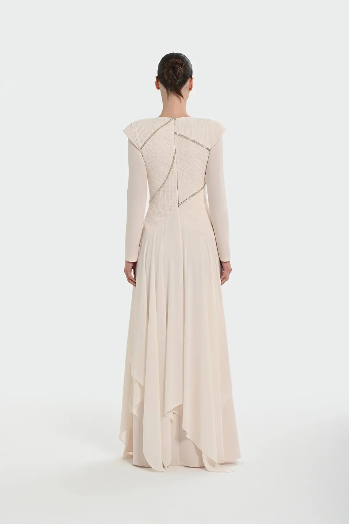 Pleated Evening Dress with Asymmetric Stone Embellishment - Cream, photo 4
