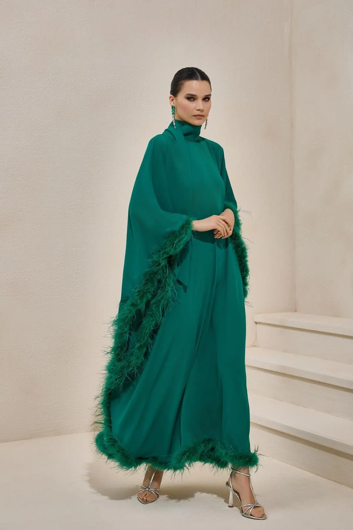 Diva Feather Kaftan Dress – Emerald