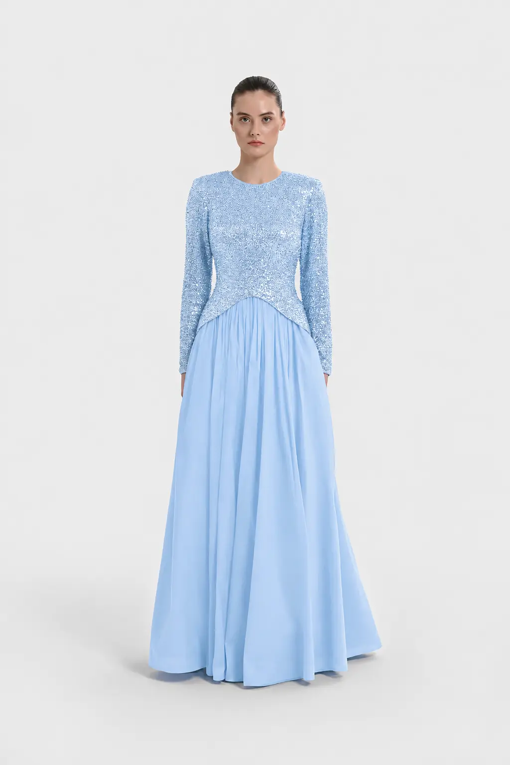 Sequin-Embellished Long-Sleeve Evening Gown - Baby Blue