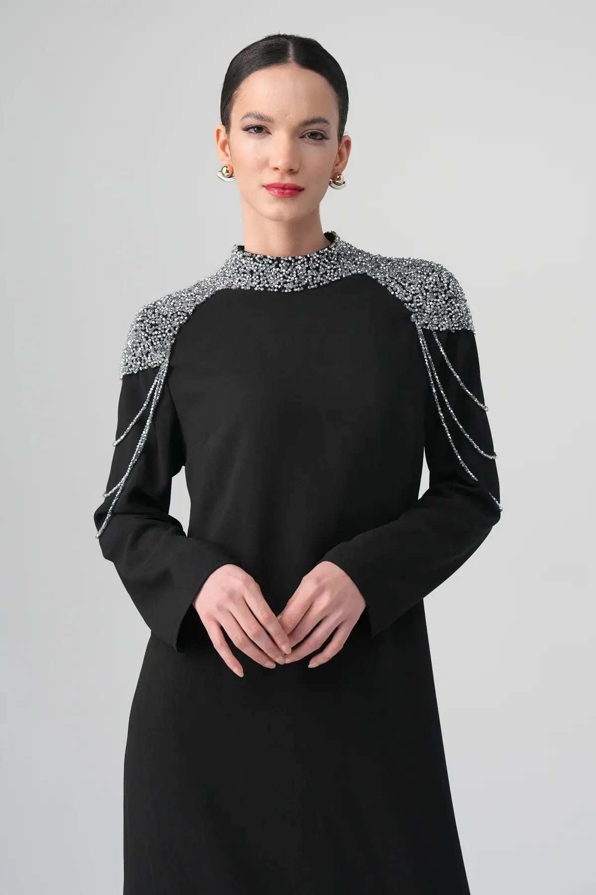 Mirella Crystal Draped Shoulder Dress – Black, photo 2