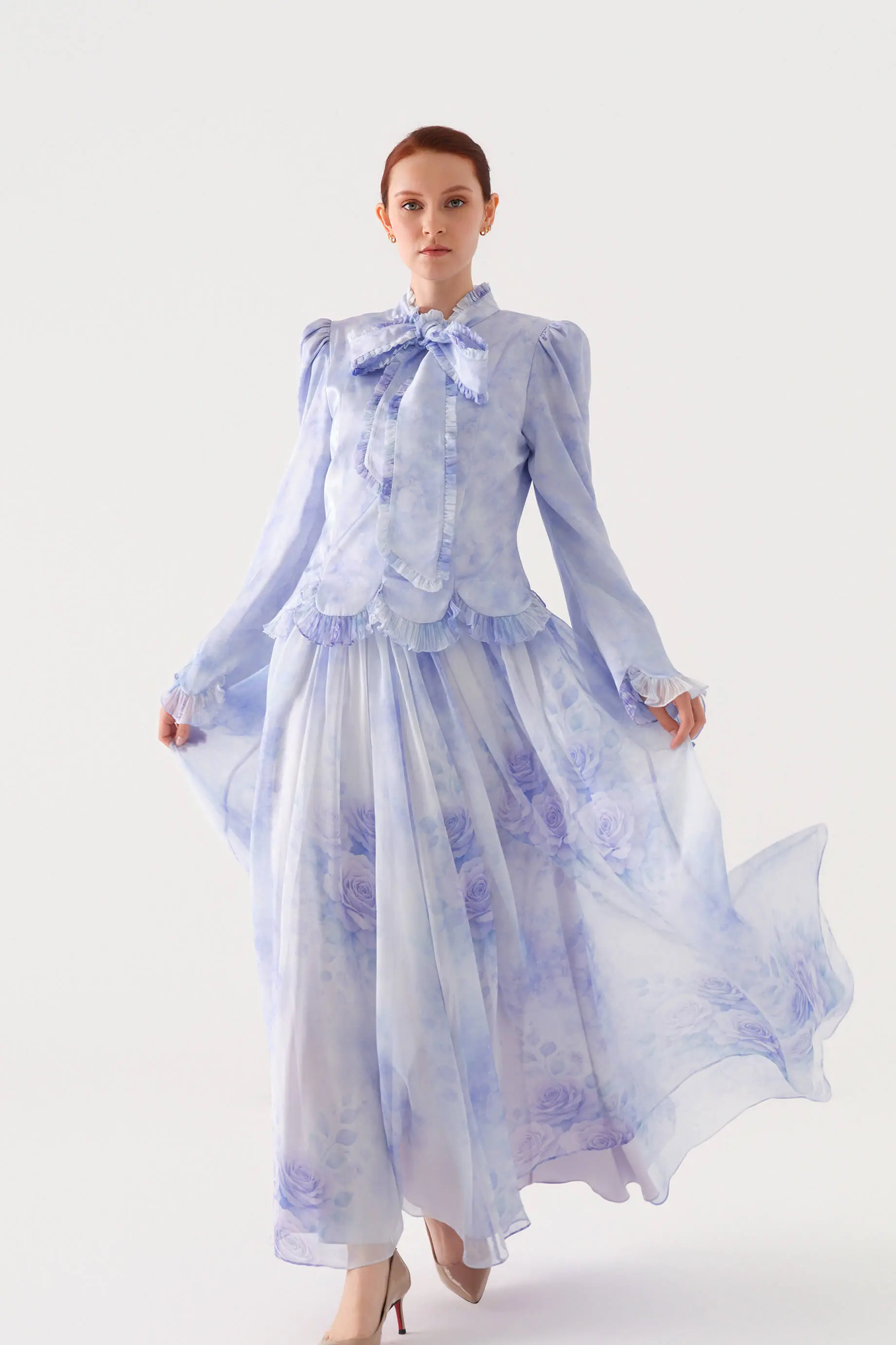 Bow-Neck Gathered Printed Maxi Dress – Lilac, photo 5
