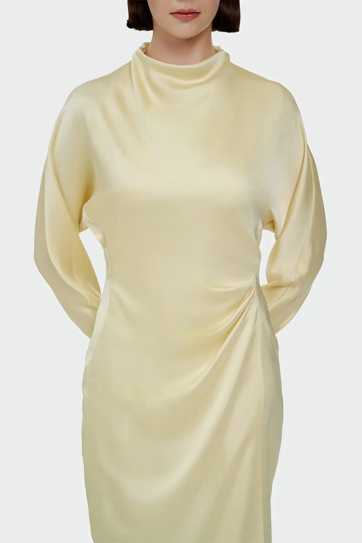 Ruched Waist Satin Midi Dress - Yellow, photo 2