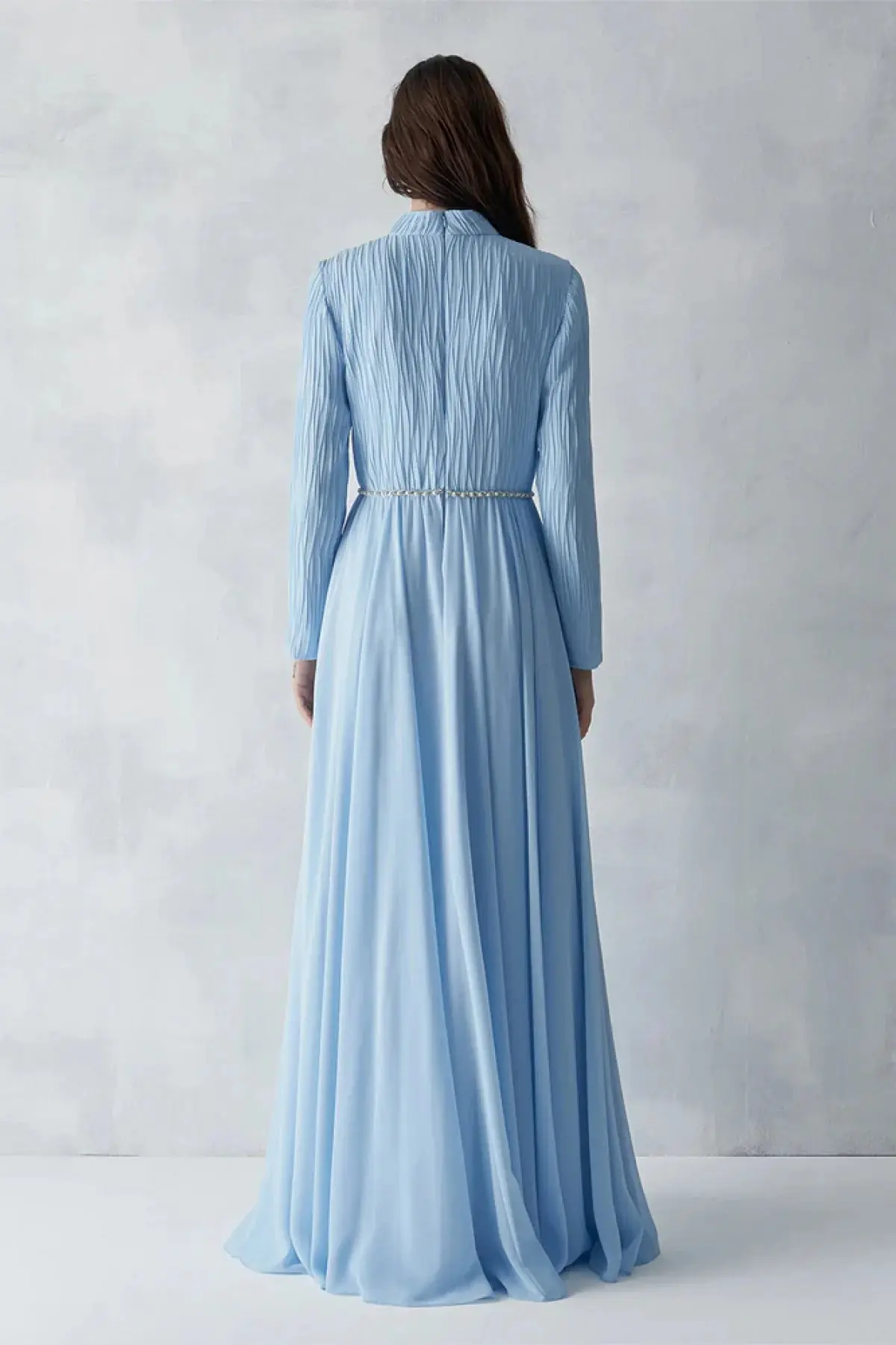 Pleated Bodice Embellished Evening Gown – Light Blue, photo 6