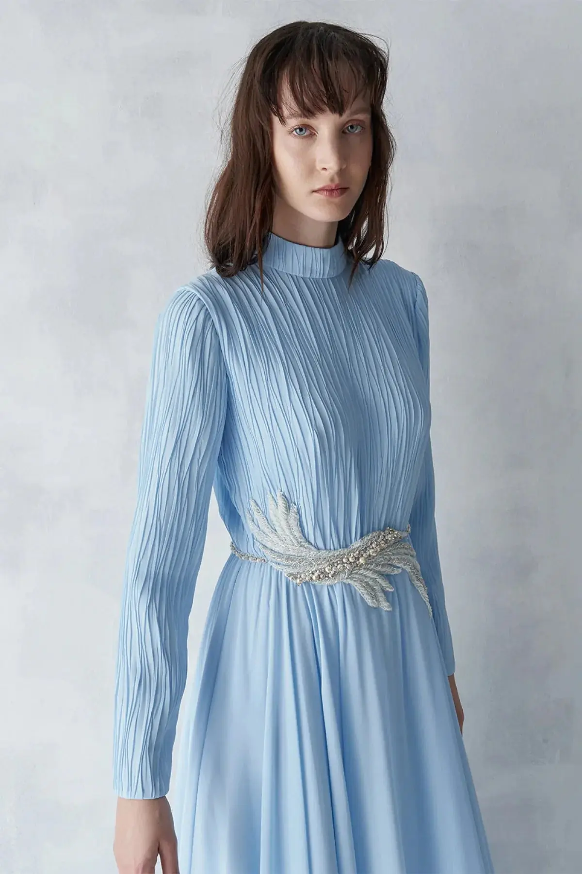 Pleated Bodice Embellished Evening Gown – Light Blue, photo 5
