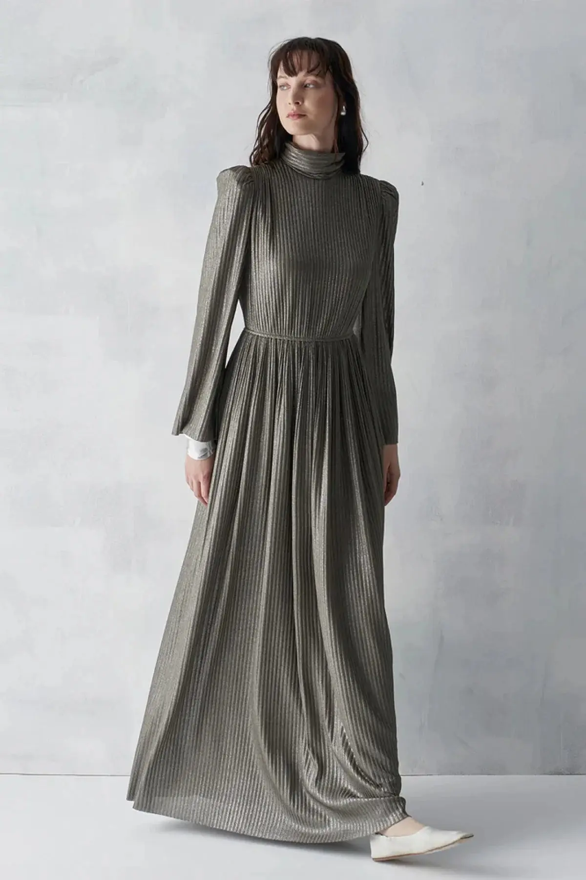 Metallic Ribbed Belted Evening Gown – Khaki, photo 5