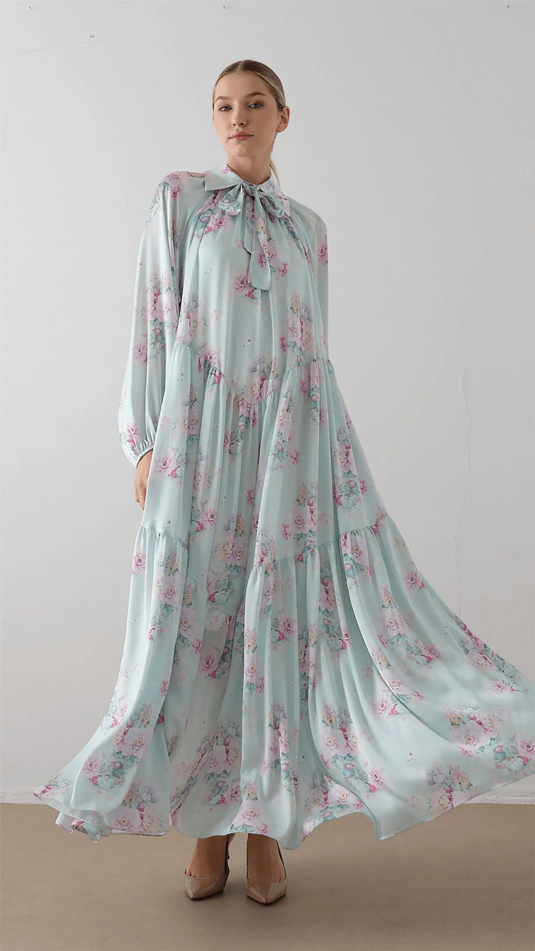 Bow Neck Chiffon Satin Dress – Blue, photo 4