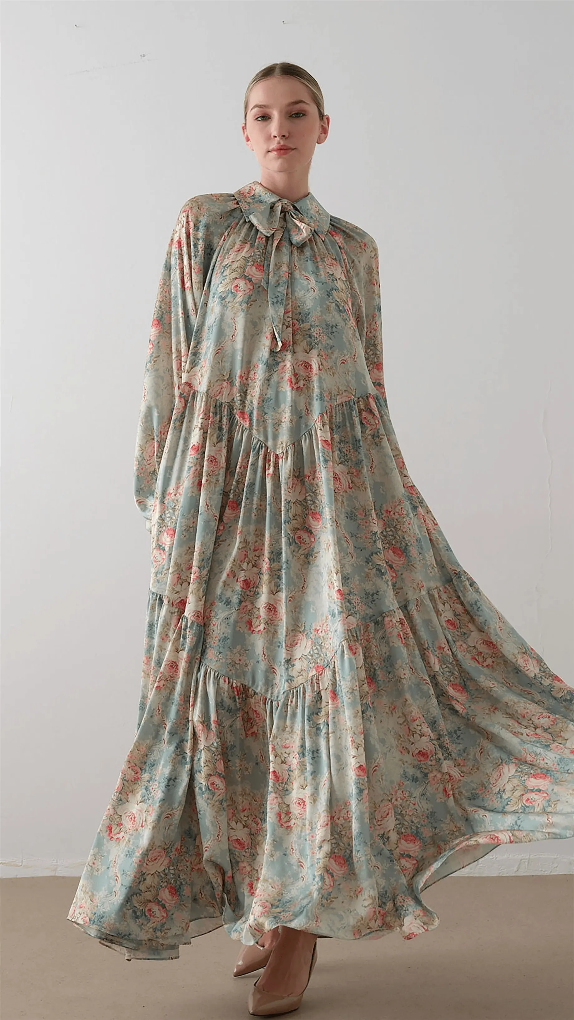 Bow Neck Chiffon Satin Dress – Green, photo 3