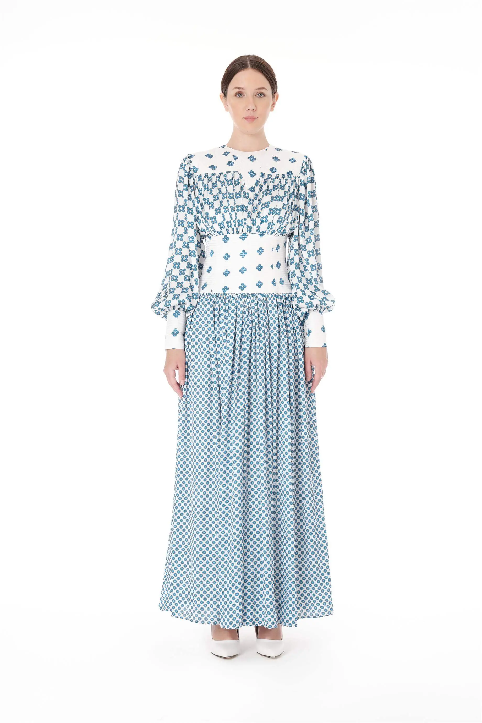 Embroidered Corset-Waist Printed Dress – Blue