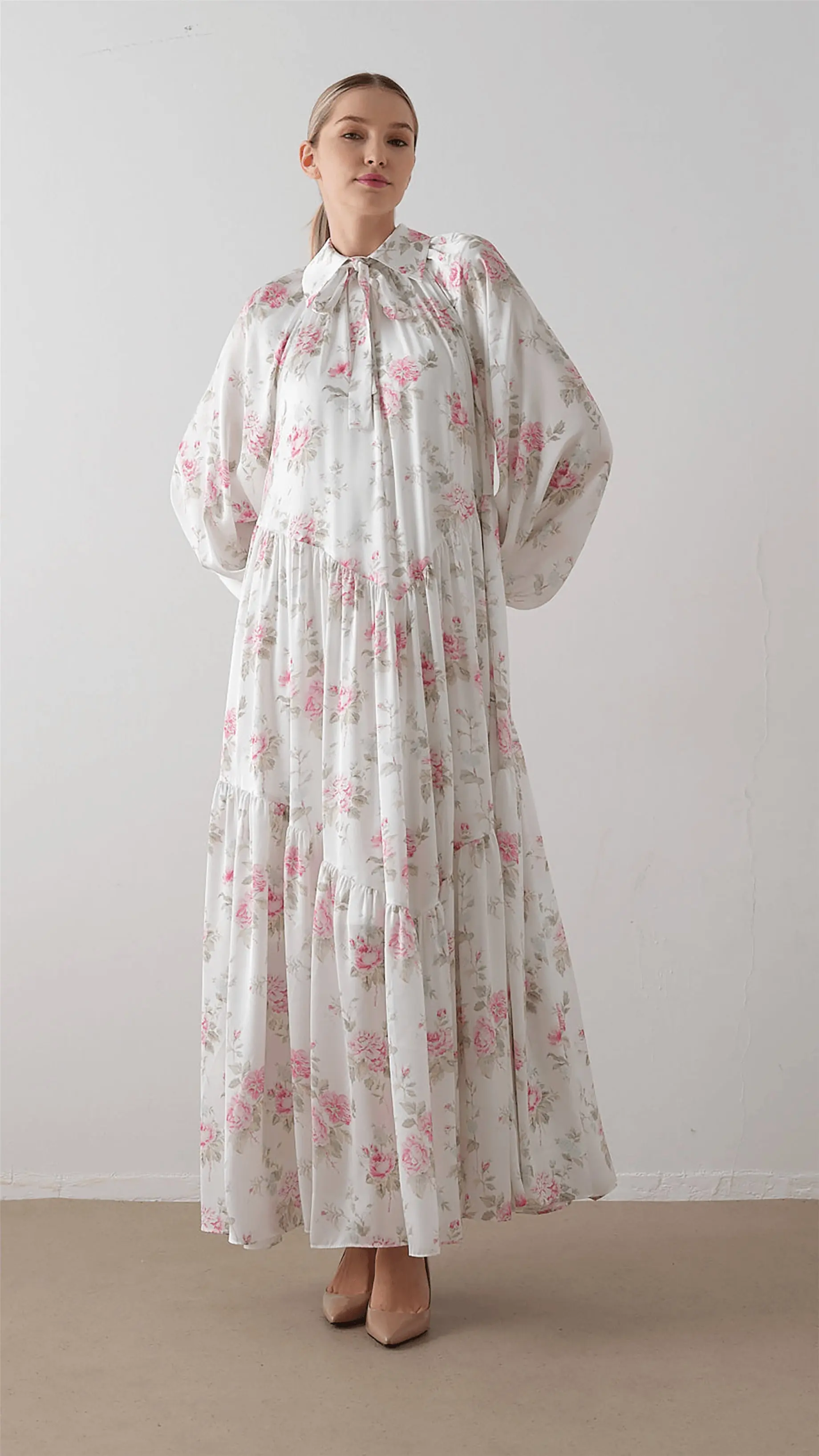 Bow-Neck Floral Chiffon Satin Dress – Cream, photo 5