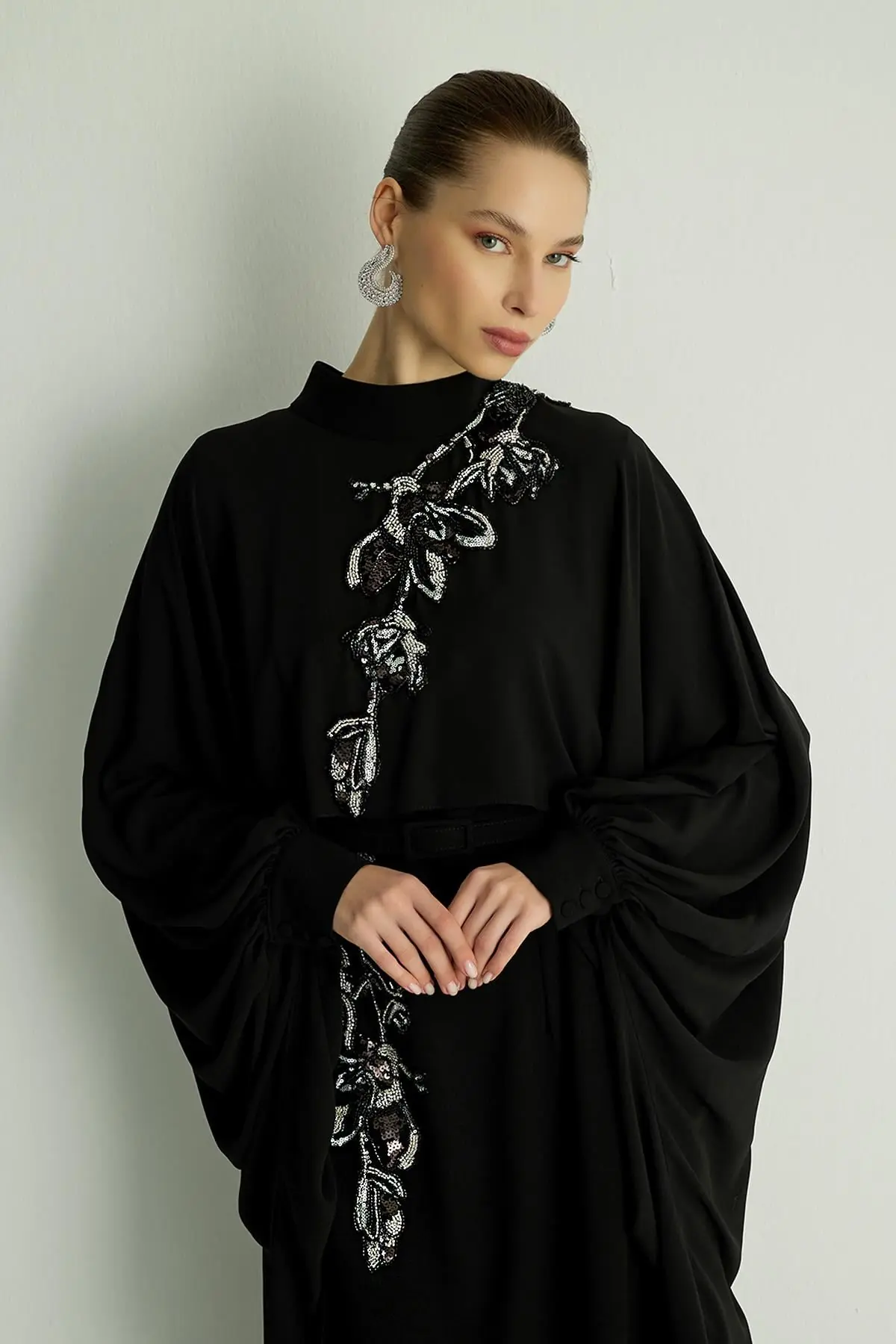 Petunia Embellished Cape Dress – Black