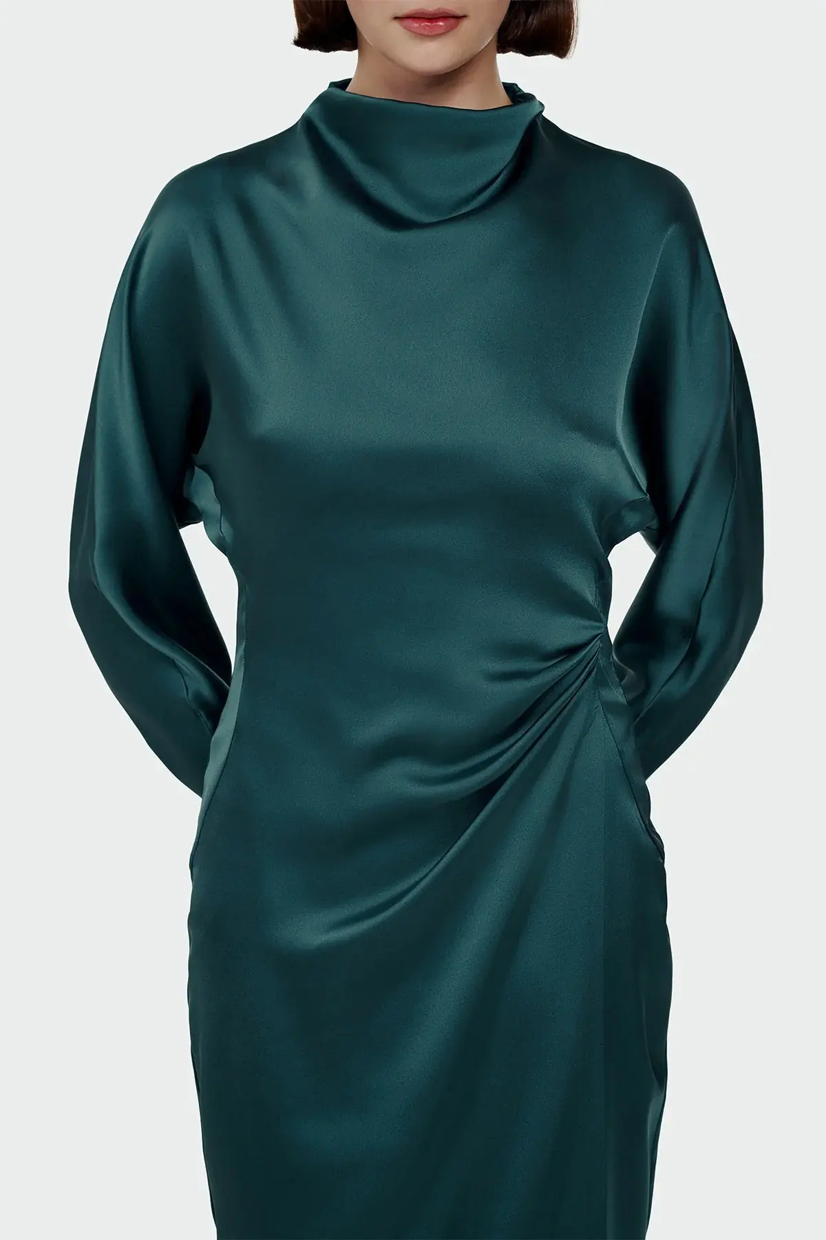 Ruched Waist Satin Midi Dress - Emerald, photo 2