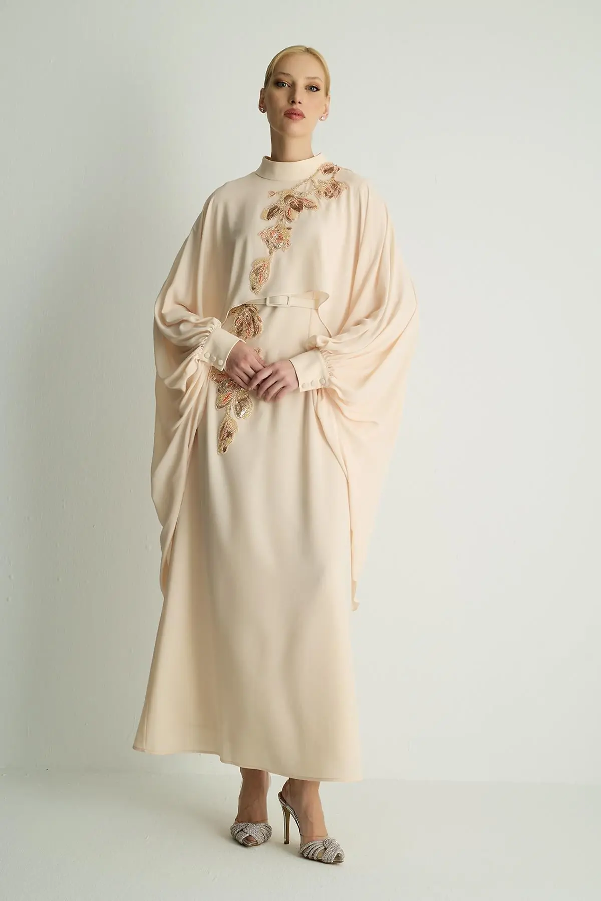 Petunia Embellished Cape Dress – Vanilla
