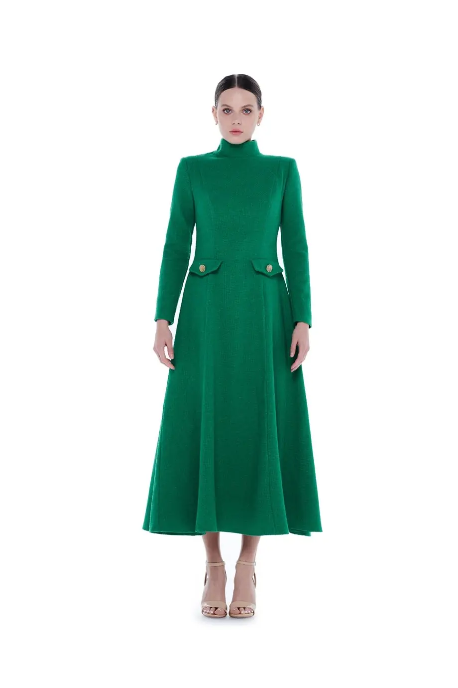 High-Neck Flounced Long Dress - Green