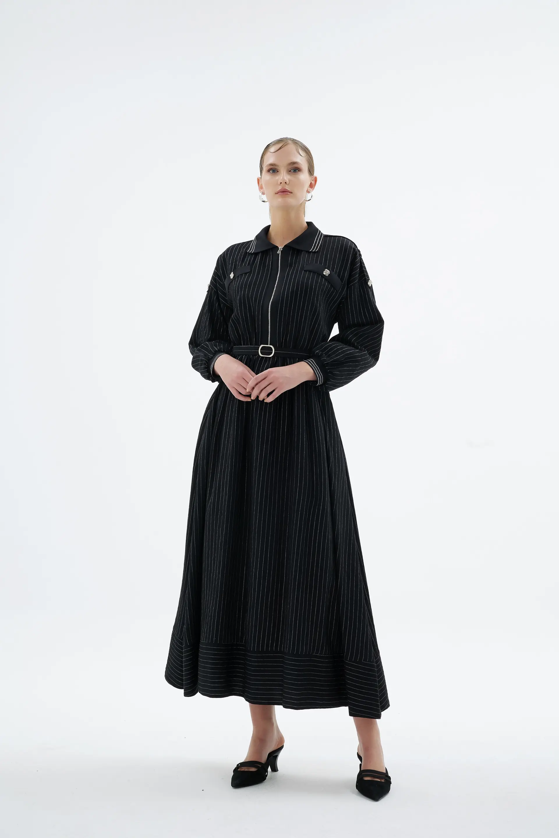 Ivory Striped Shirt Dress – Black