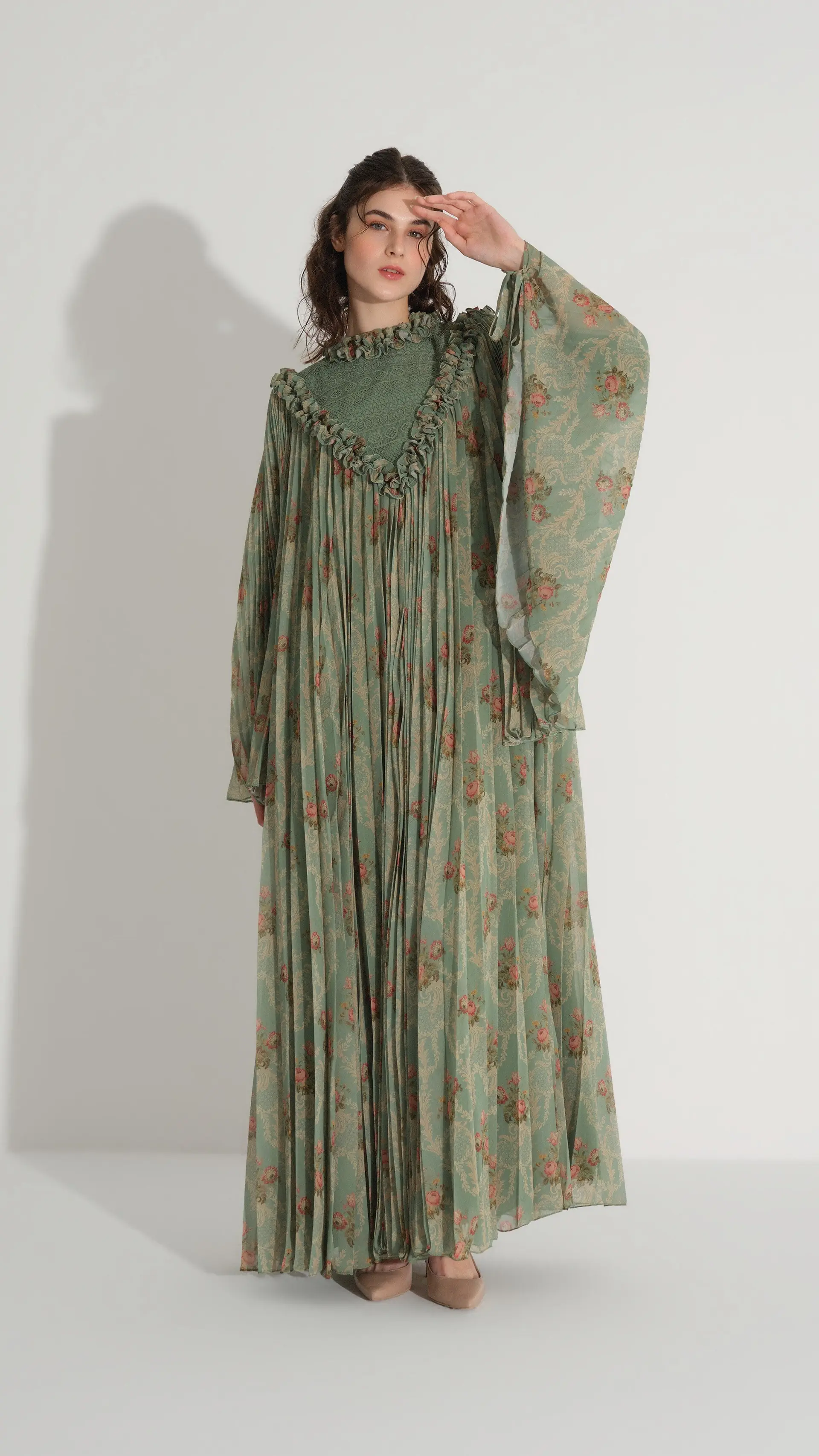 Lace & Ruffle Pleated Dress - Green, photo 3