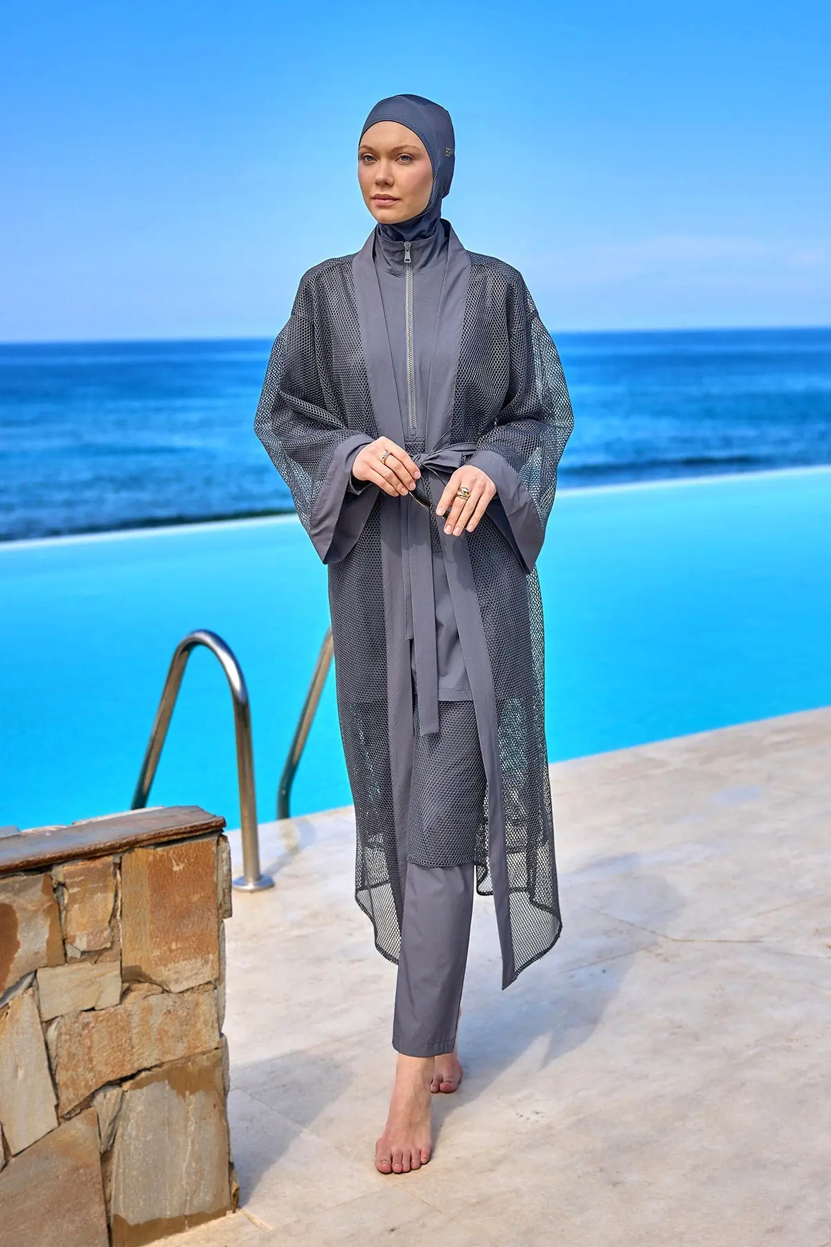 Charcoal Full Length Modest Mesh Kimono – Marina P2501-5, photo 2
