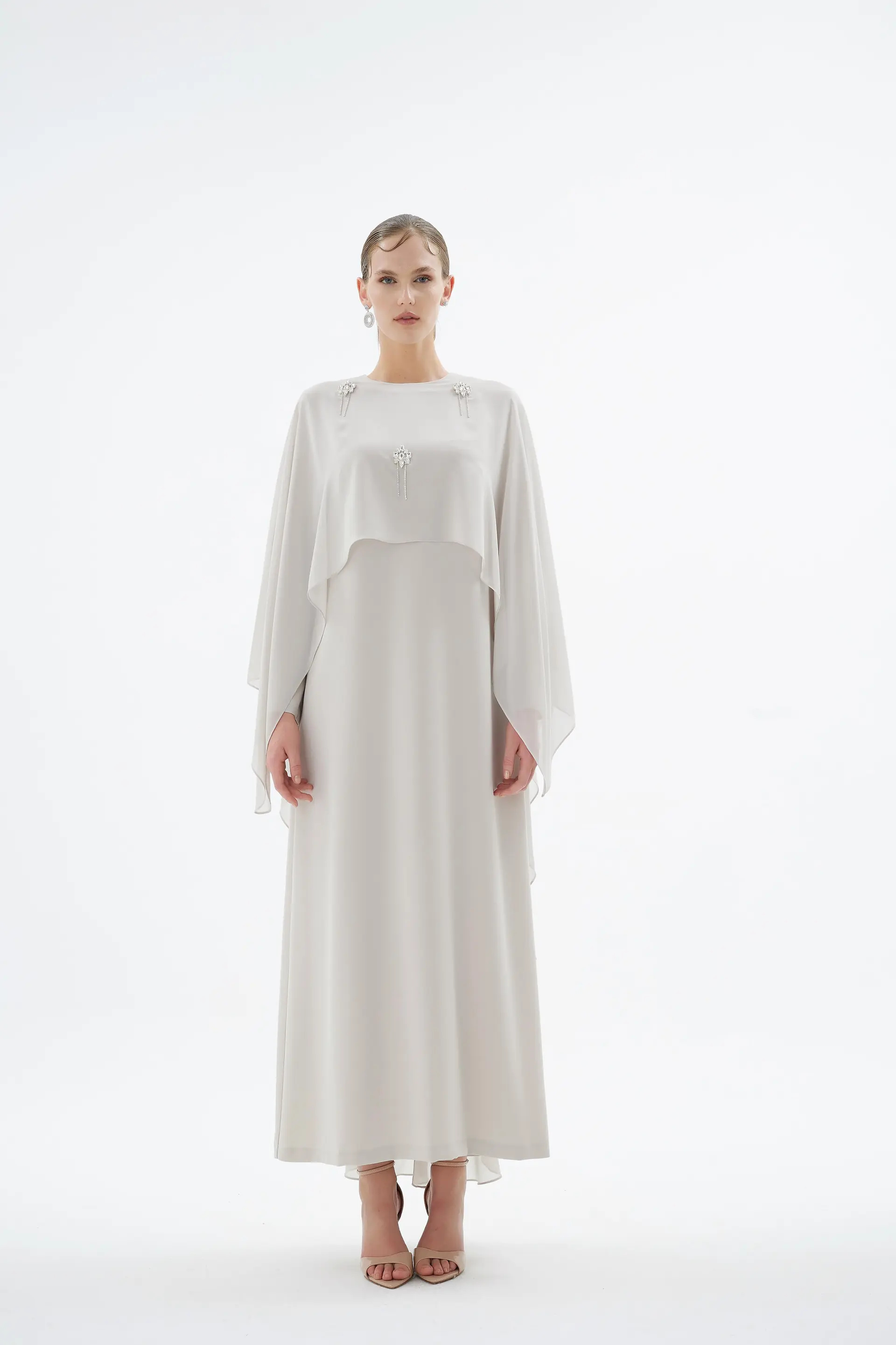 Alera Embellished Cape Dress – Stone
