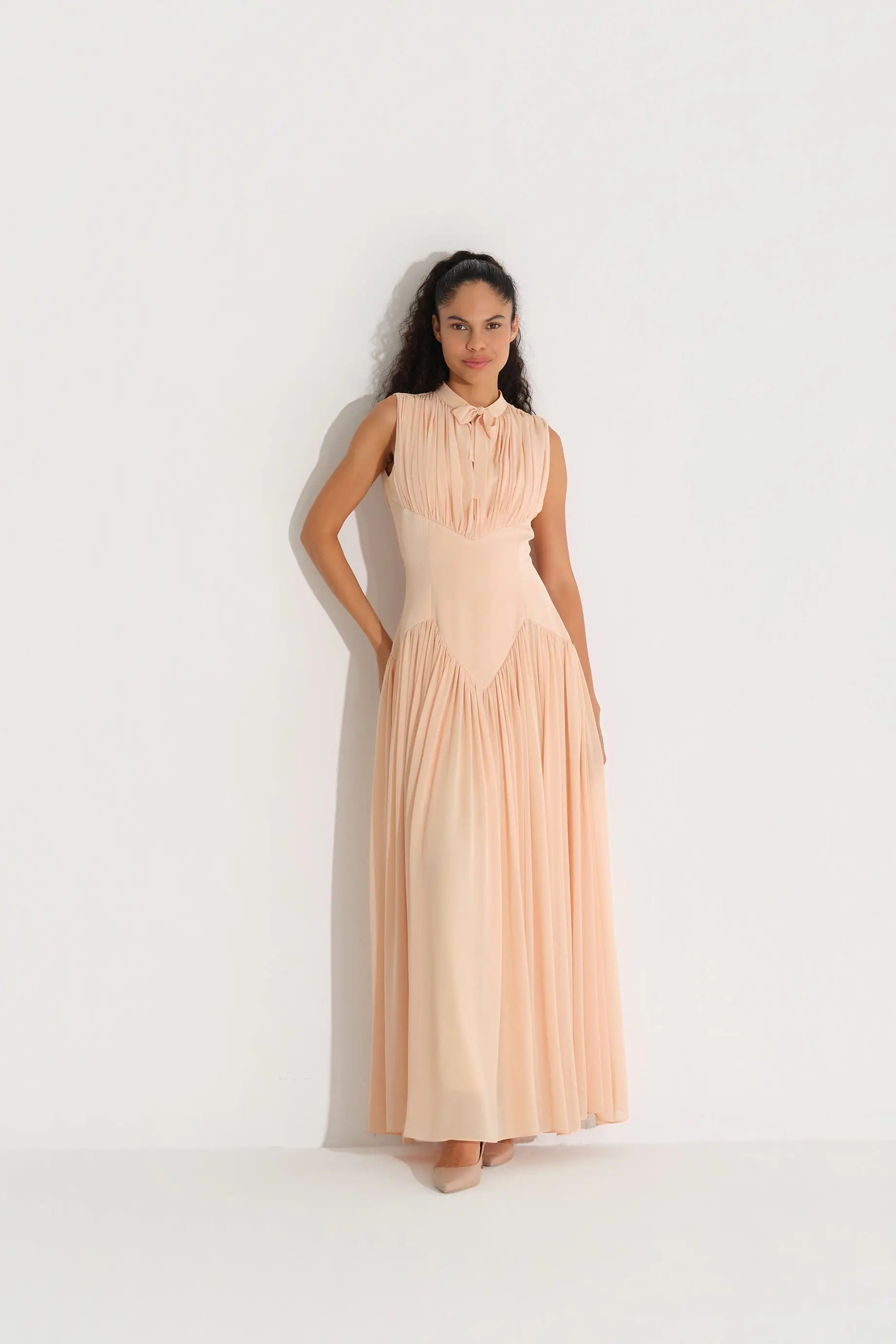 Bow-Neck Corset-Detail Chiffon Dress - Beige, photo 6