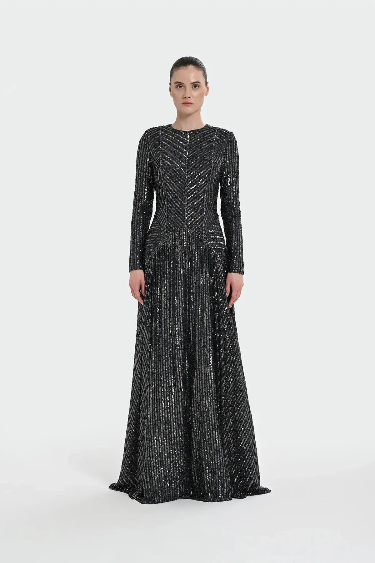 Chevron Sequin Evening Gown - Anthracite
