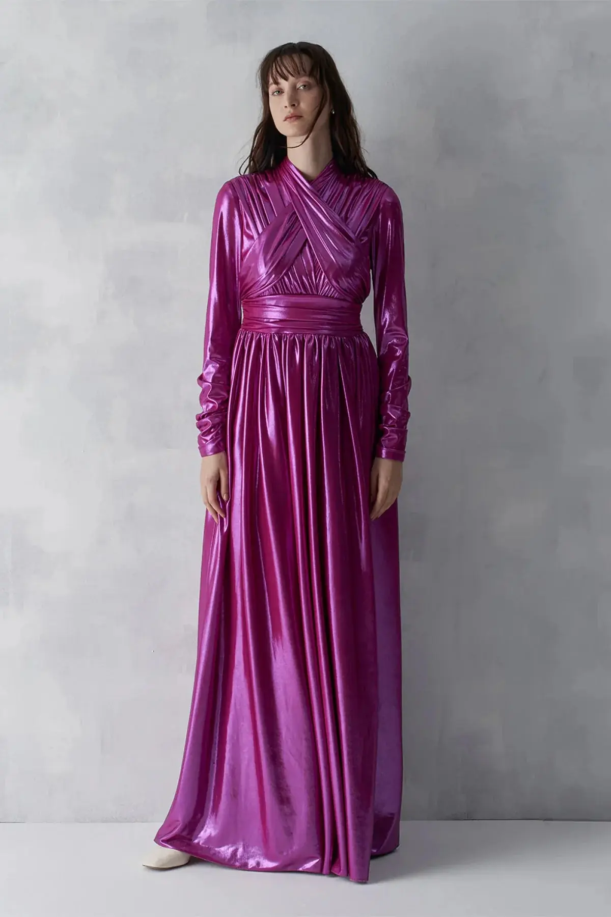Draped Cross-Band Evening Gown – Fuchsia