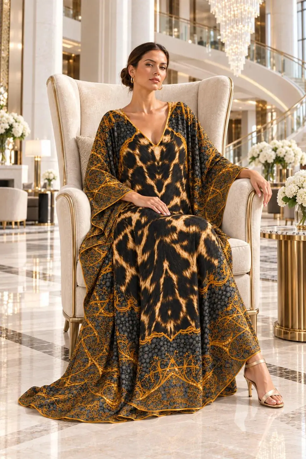 Farfalla Iconic Printed Silk Kaftan – Black & Gold, photo 4