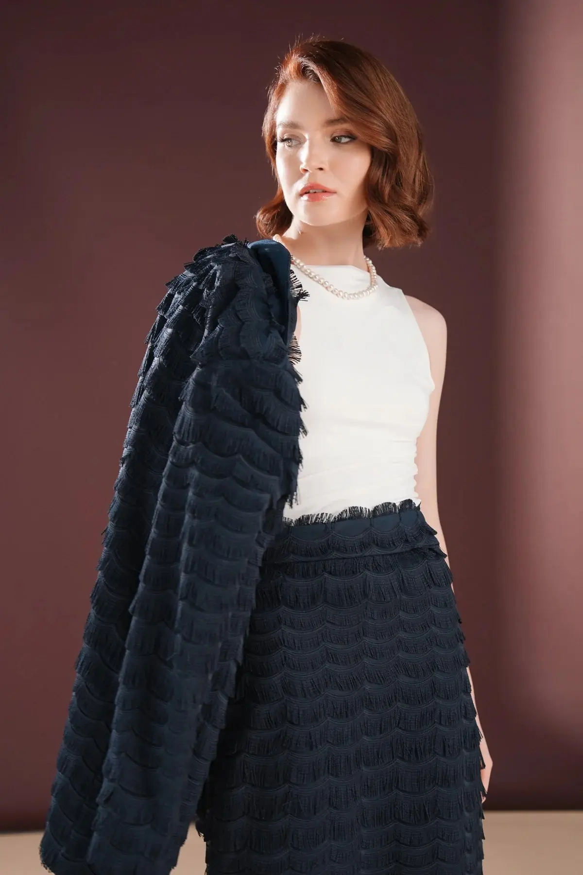 Elowen Textured Fringe Skirt & Jacket Set – Navy, photo 5