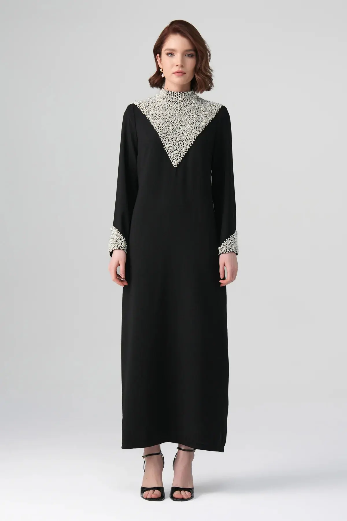 Celina Pearl-Embellished Satin Dress – Black