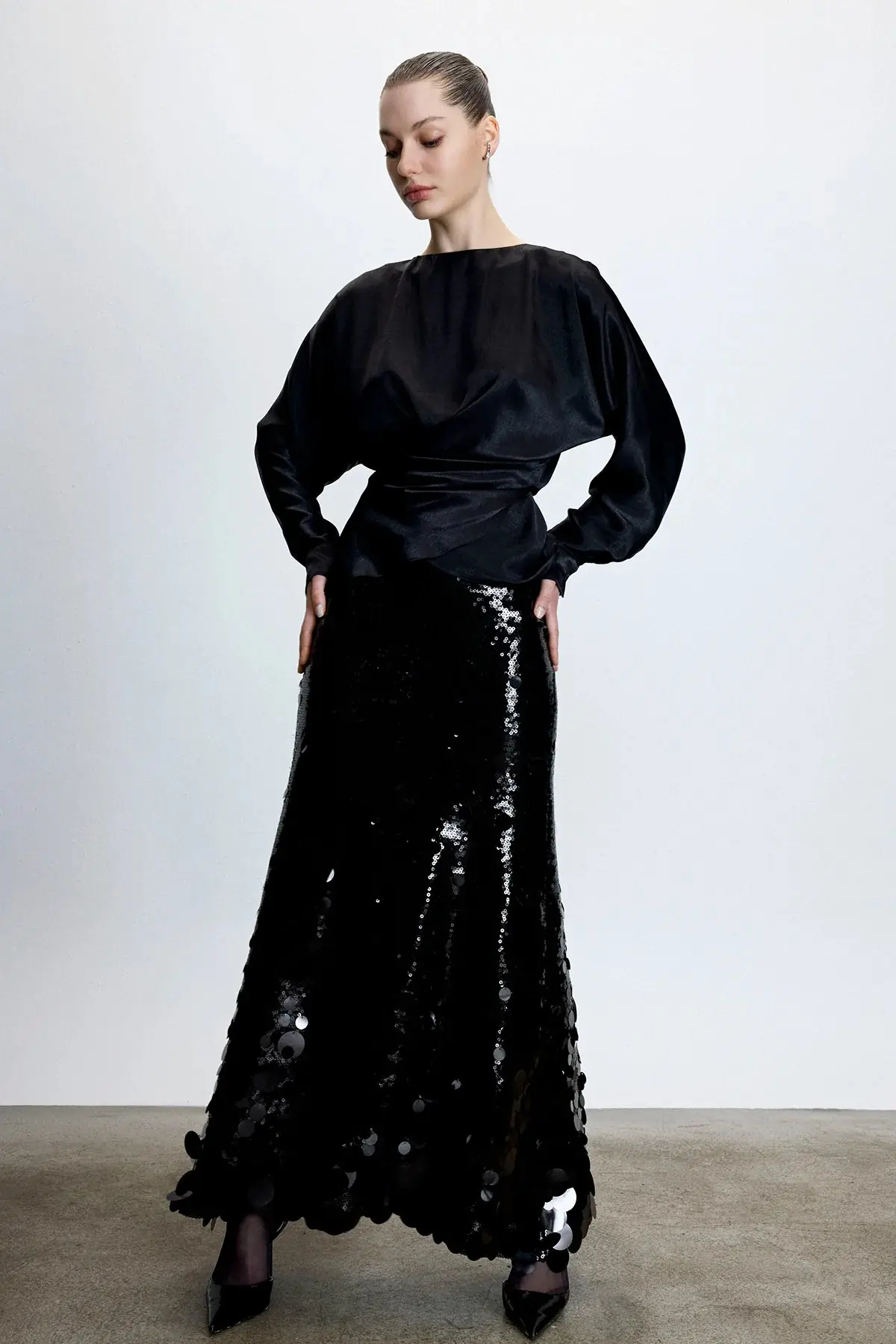 Draped Satin Blouse – Black
