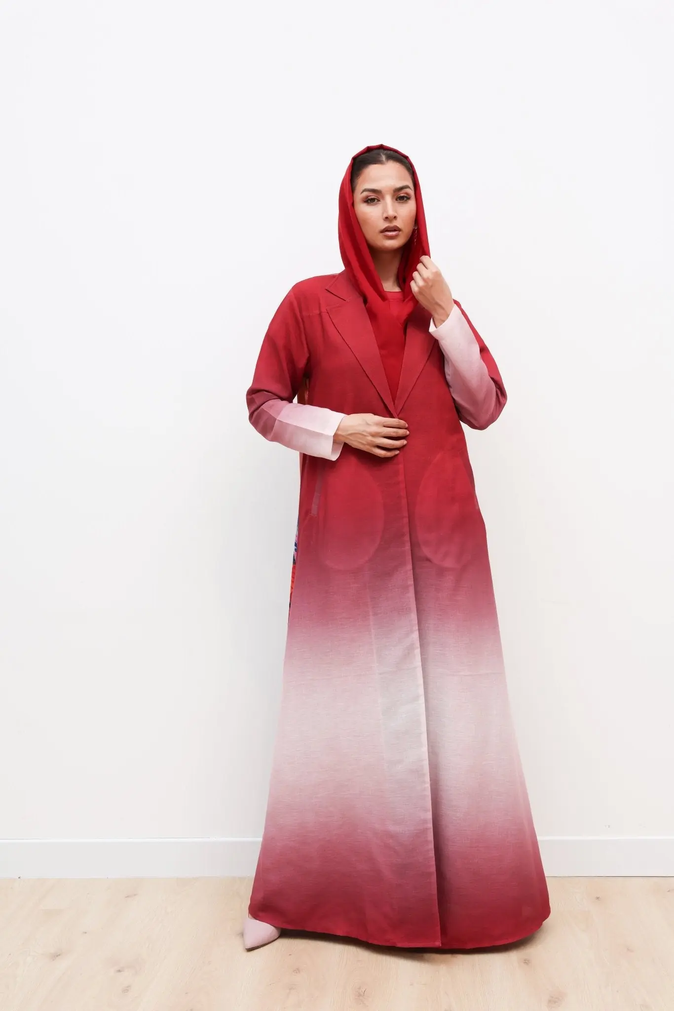 Ruh Ishq | Red Ombré Abaya with Silk Floral Back abaya