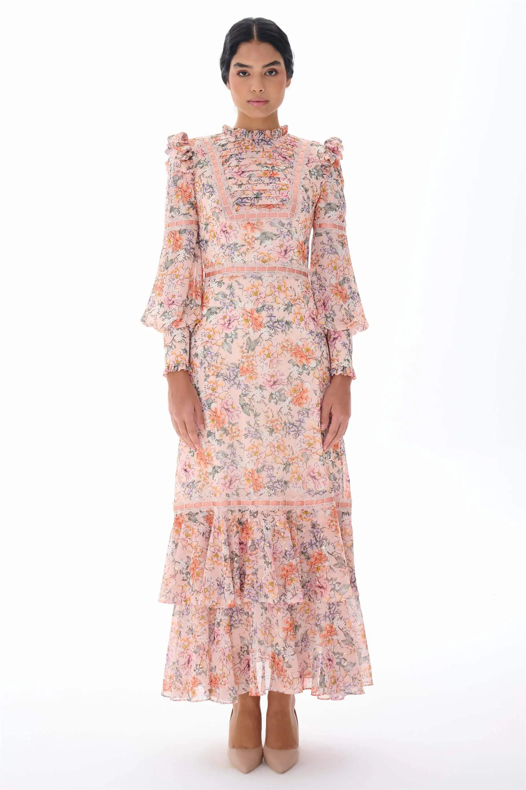 Yoryo Chiffon Foil Floral Dress – Powder