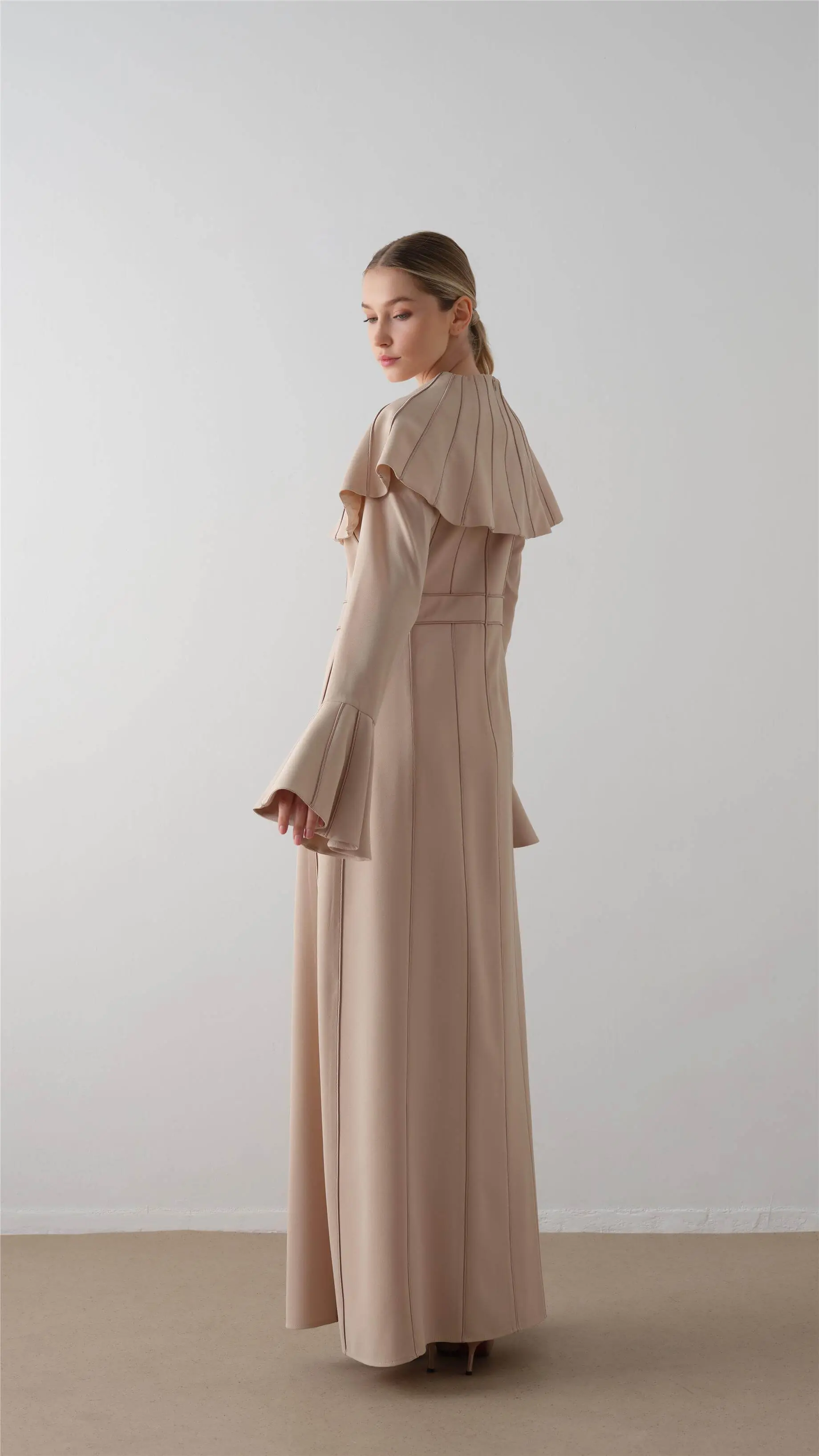 Pleated Cape Crepe Dress – Beige, photo 4
