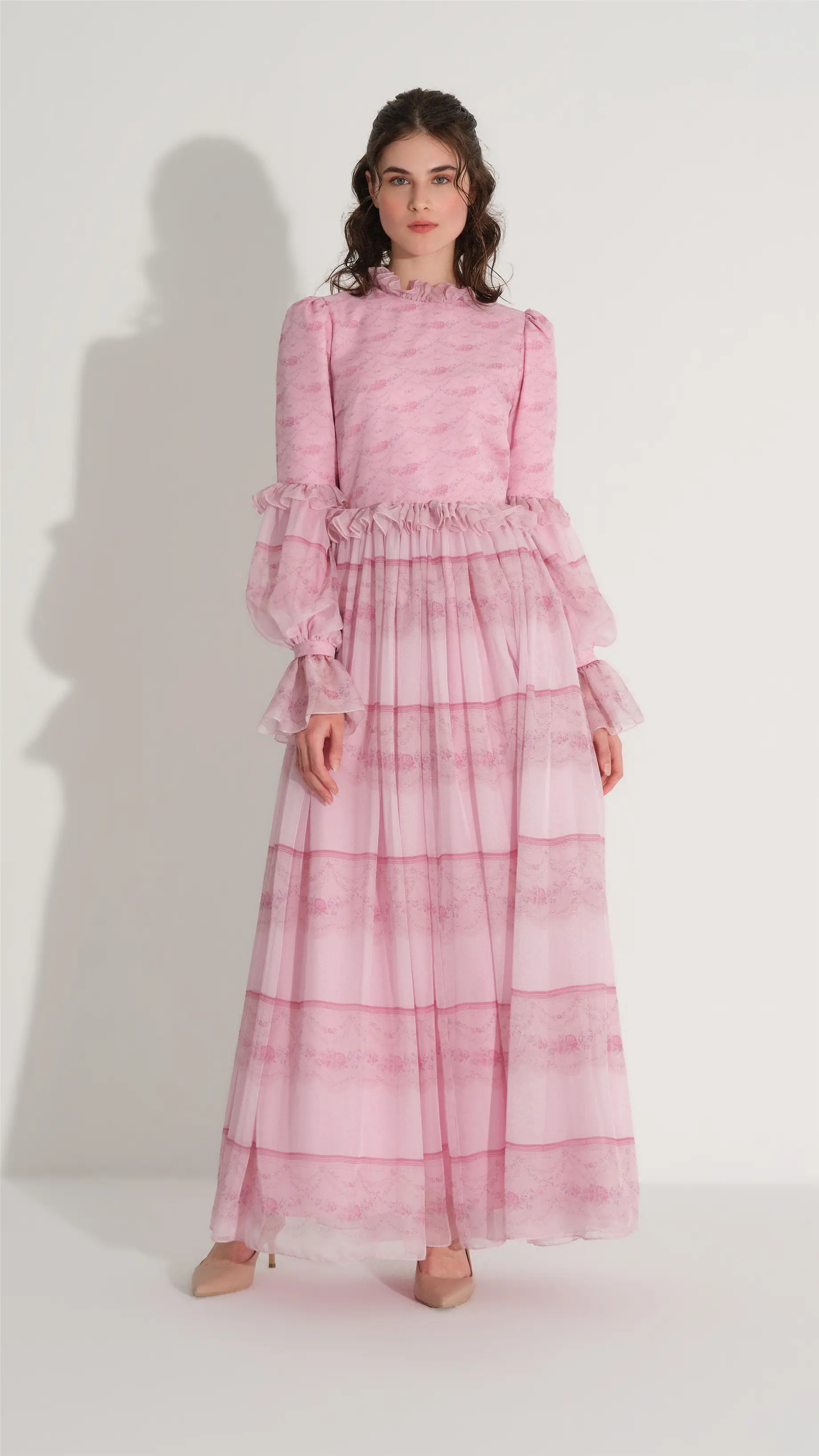 PANO DESEN İPEK ŞİFON ELBİSE Pembe