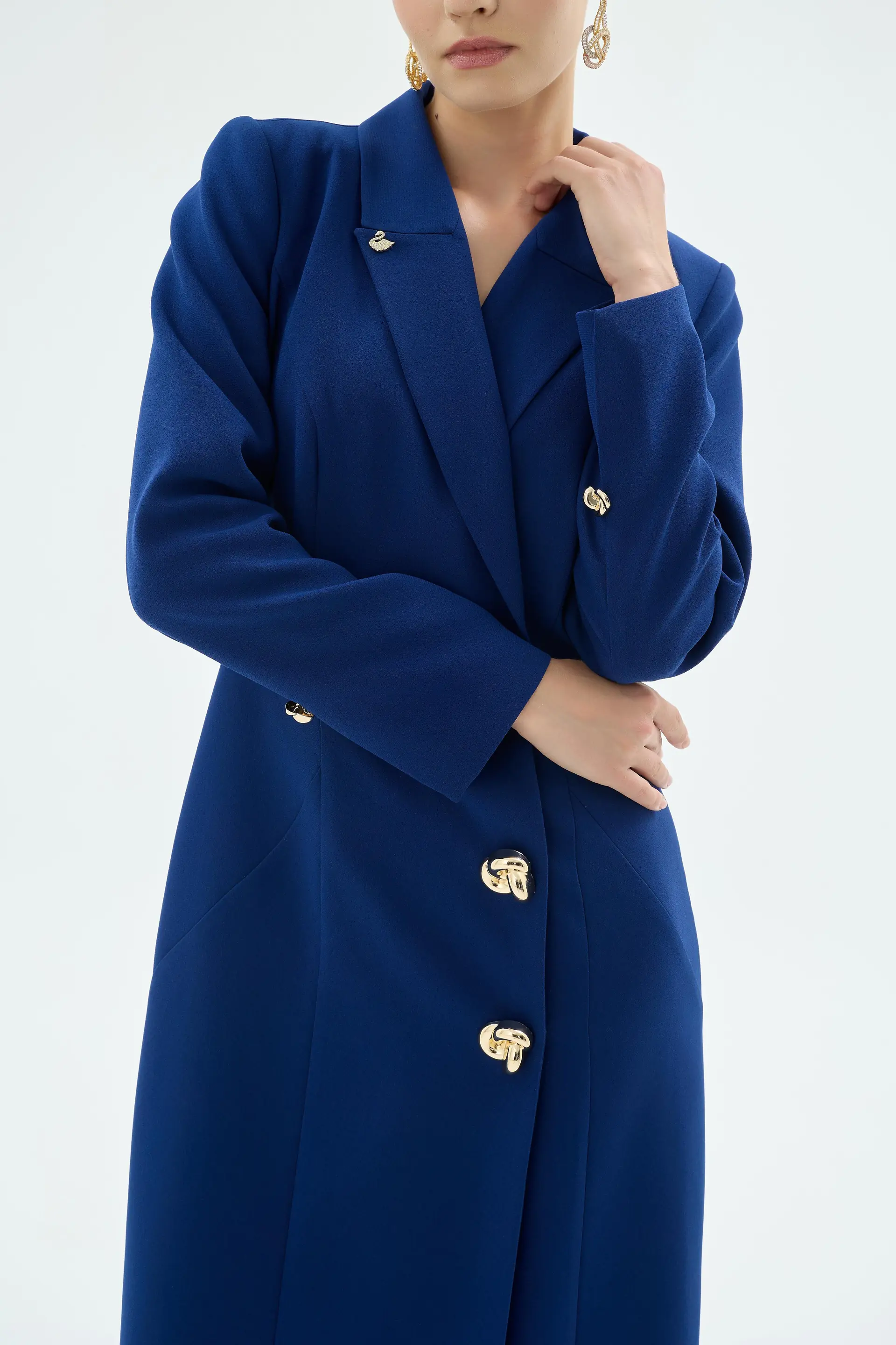 Tailored Blazer Collar Buttoned Dress – Navy, photo 3