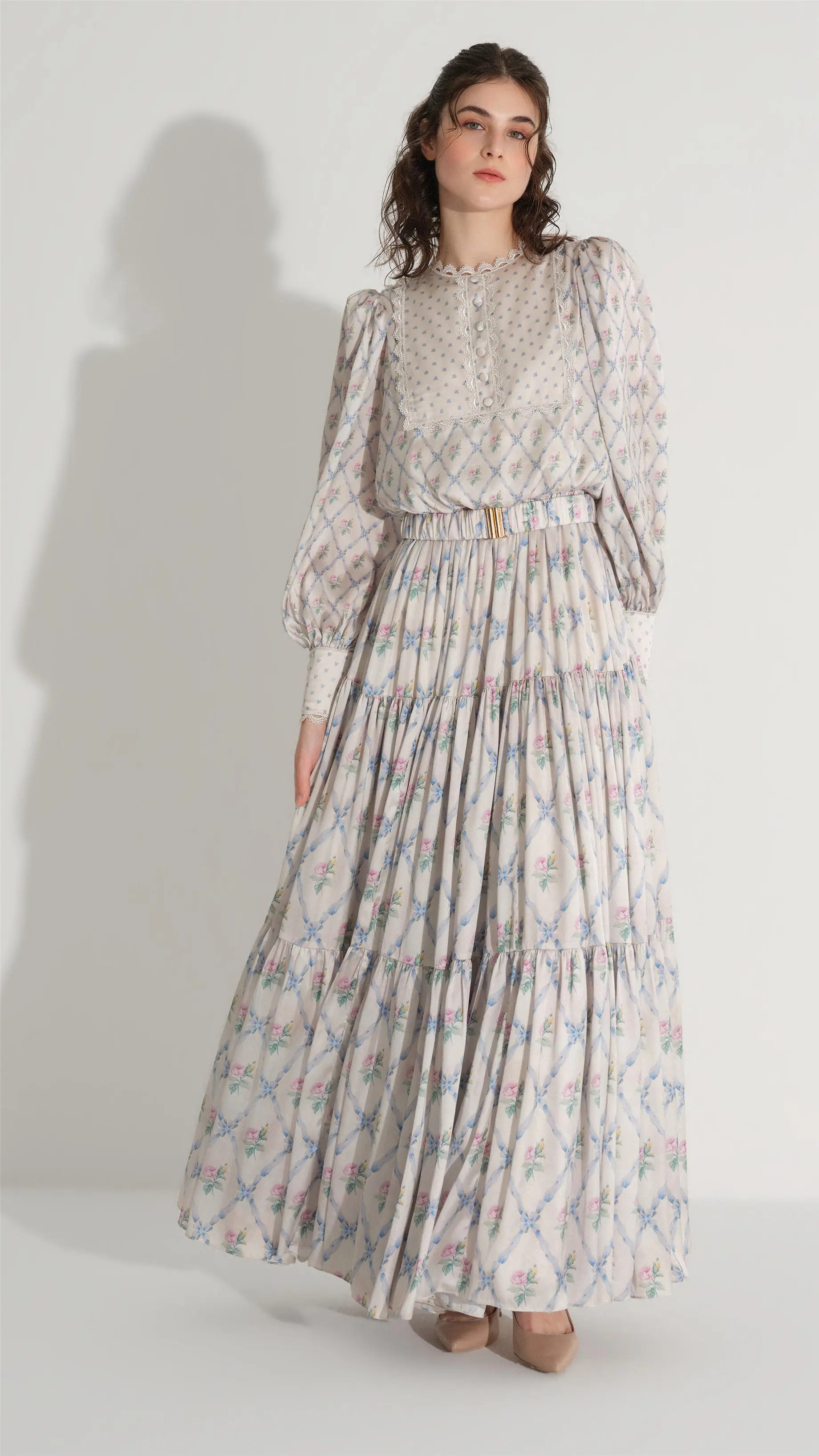 Diamond-Pattern Chiffon Satin Dress – Cream, photo 4